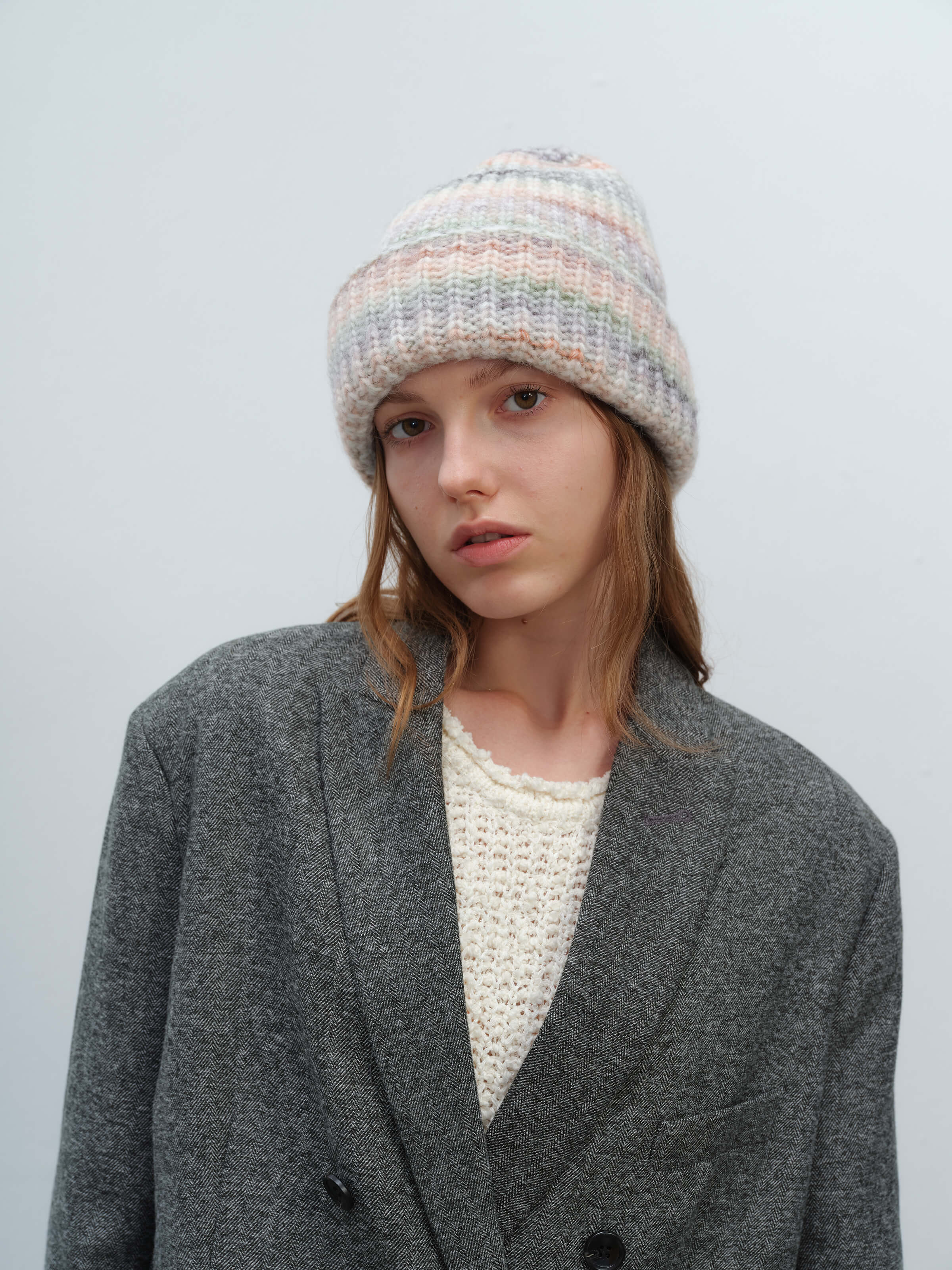 Wool Blend Gradient Knit Beanie - Cream - Image 5