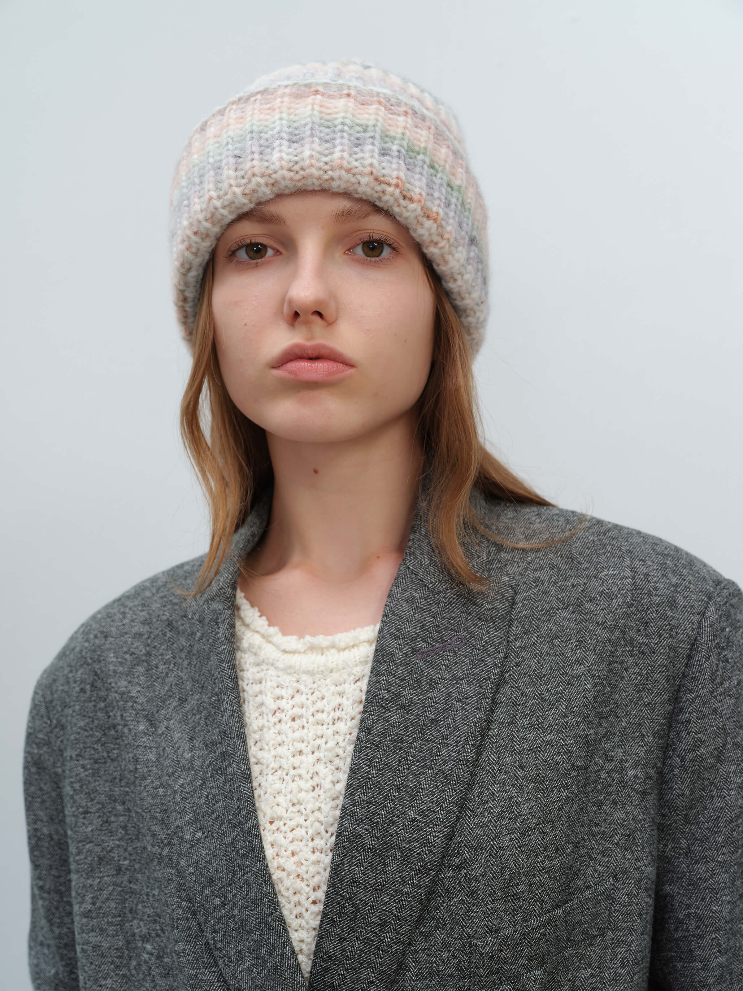 Wool Blend Gradient Knit Beanie - Cream - Image 6