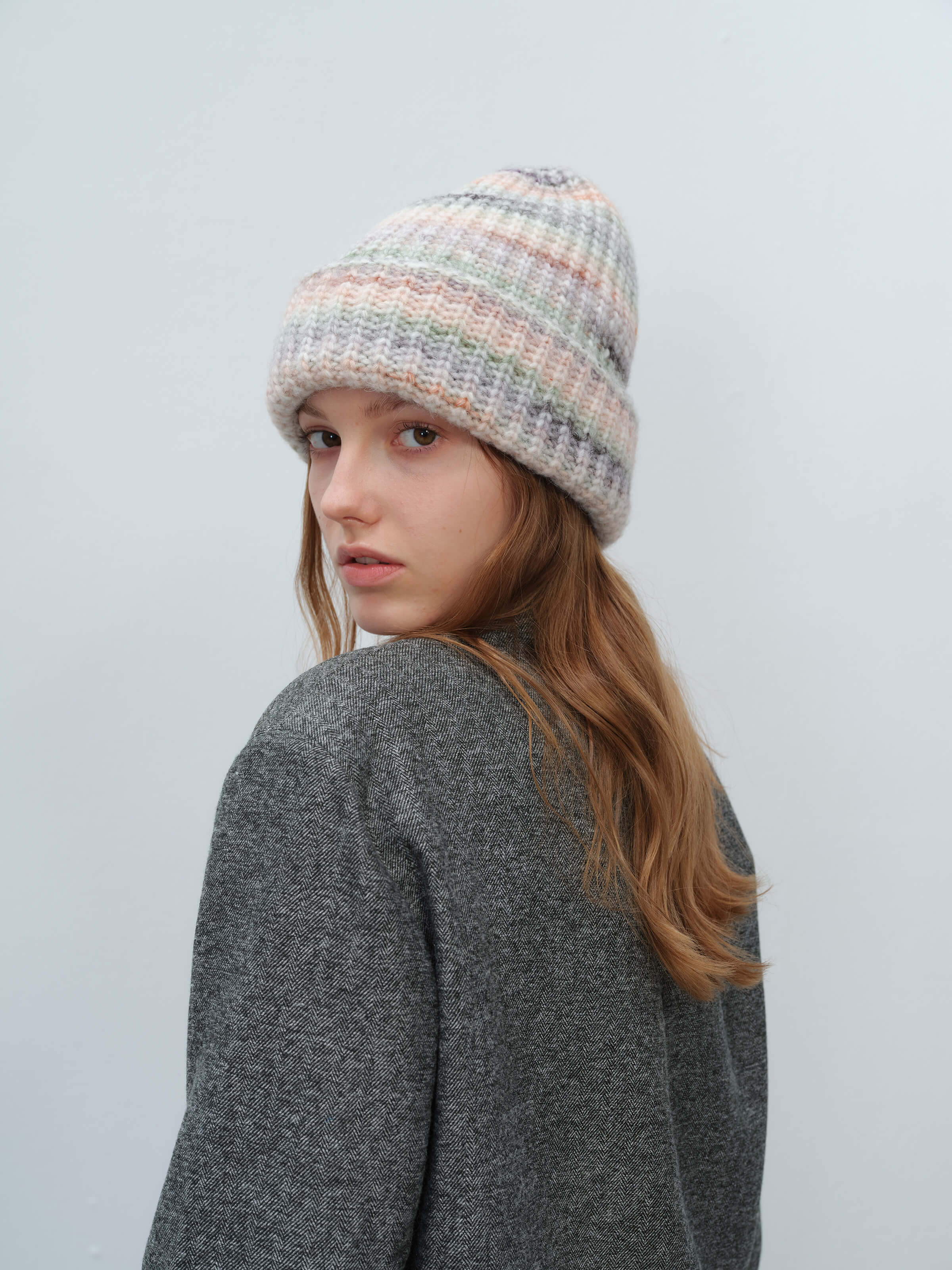Wool Blend Gradient Knit Beanie - Cream - Image 7