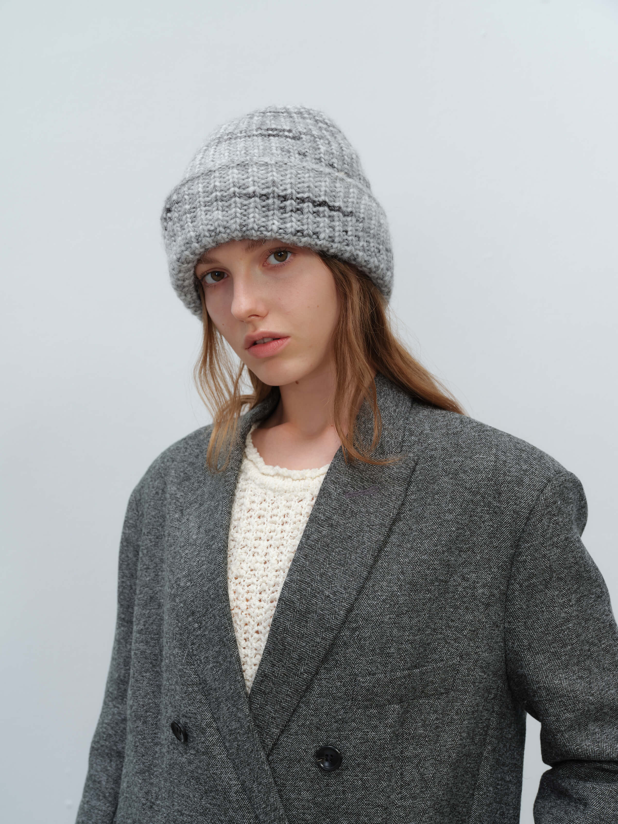 Wool Blend Gradient Knit Beanie - Grey - Image 3