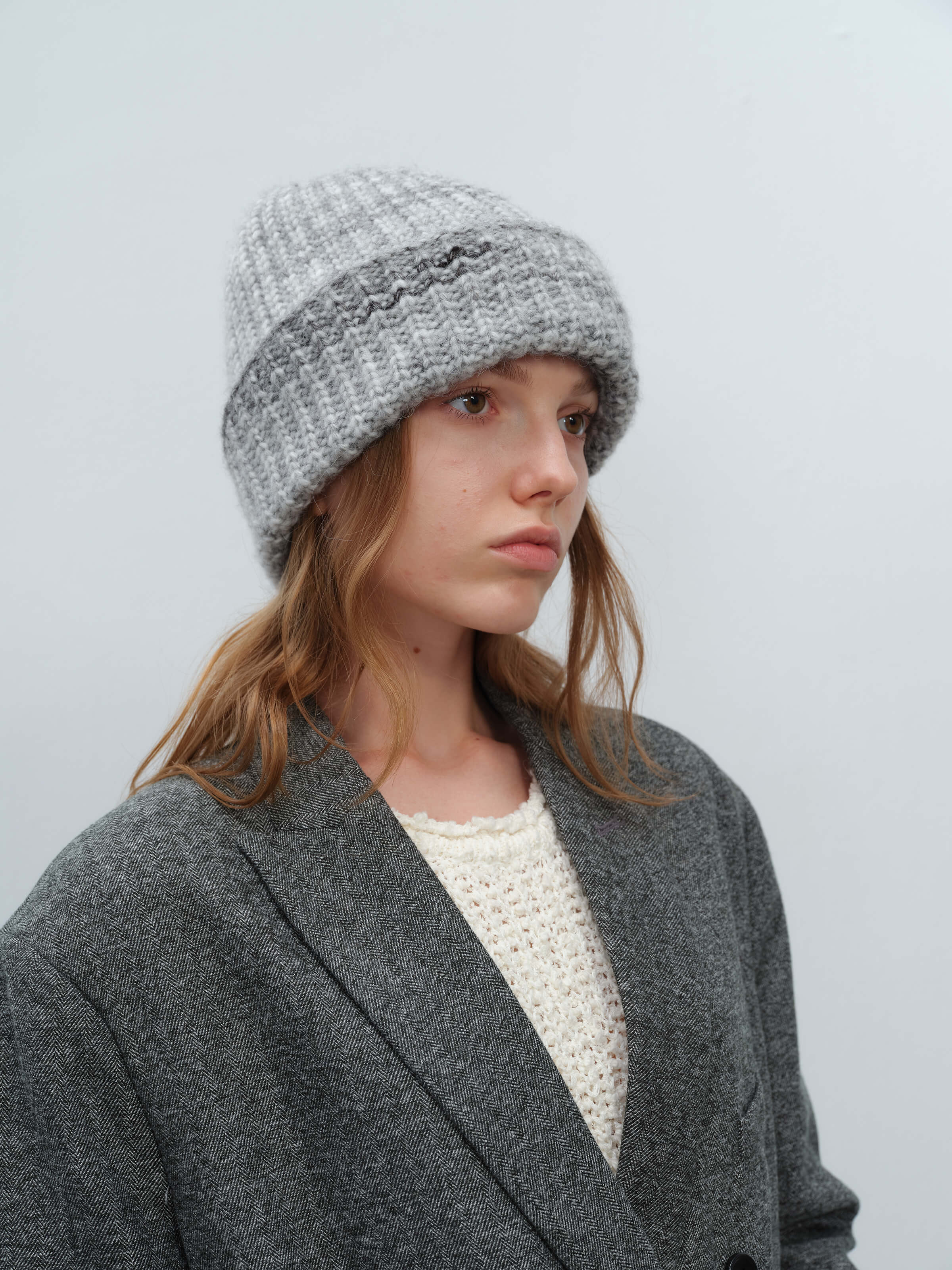 Wool Blend Gradient Knit Beanie - Grey - Image 4