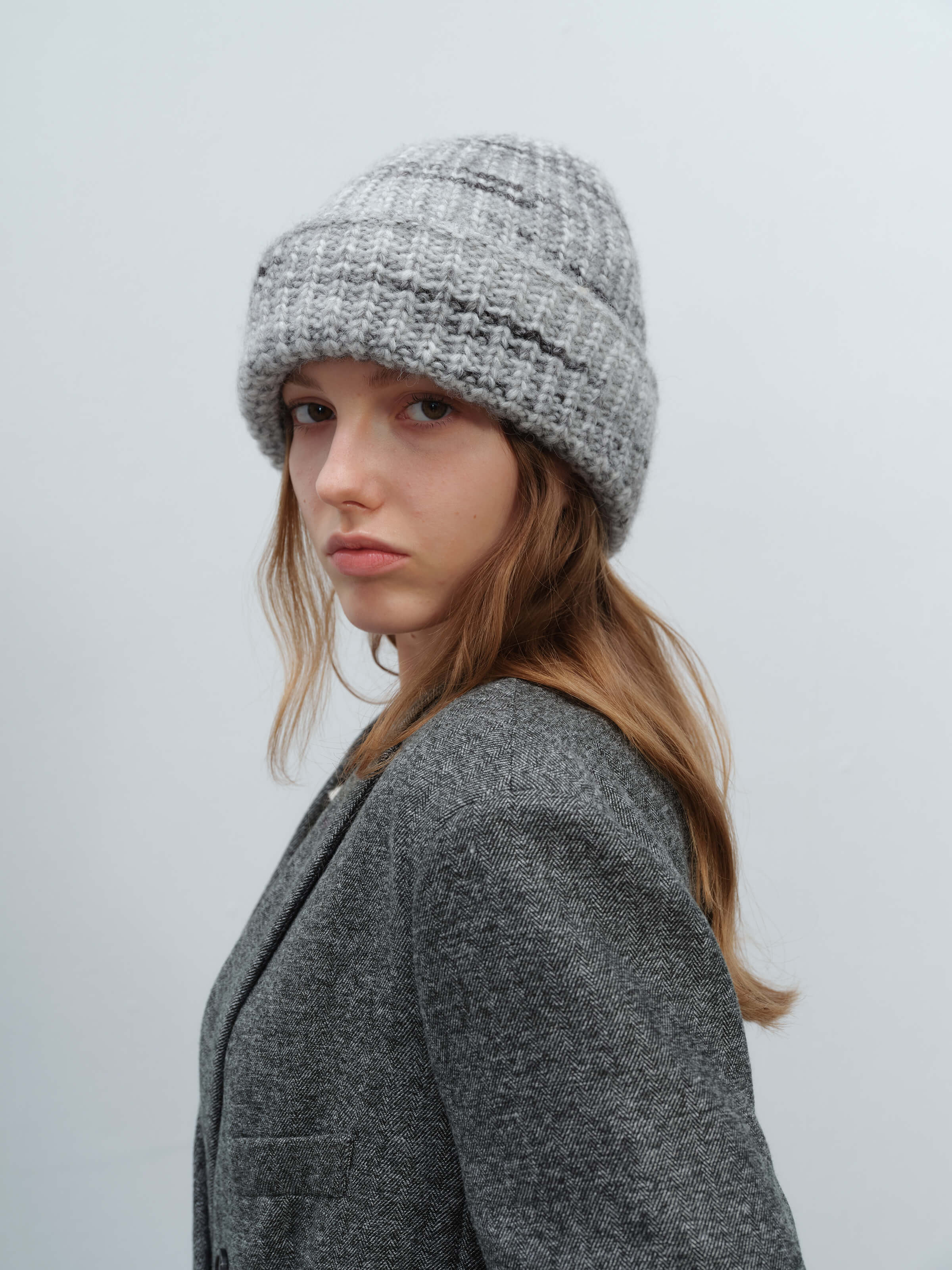 Wool Blend Gradient Knit Beanie - Grey - Image 5