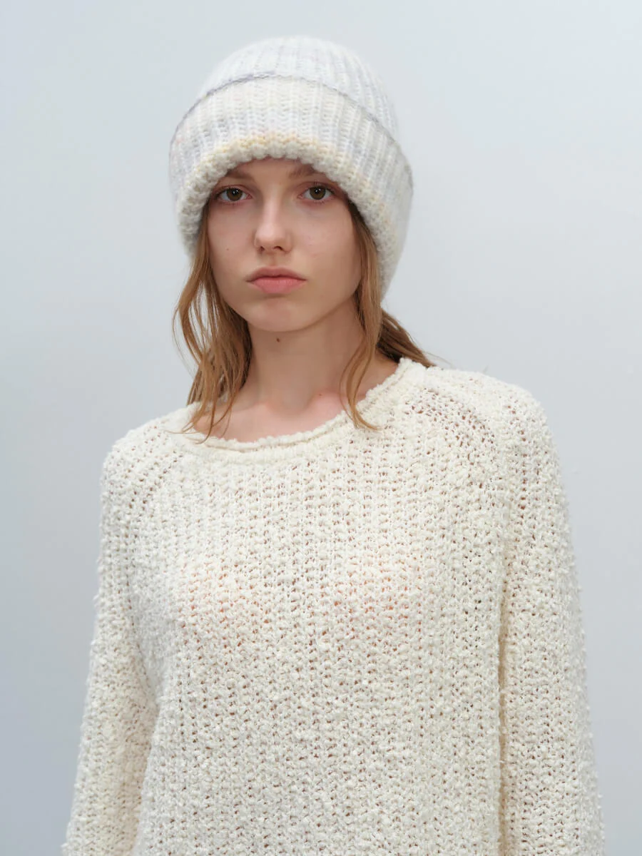 Wool Blend Gradient Knit Beanie - White - Image 2