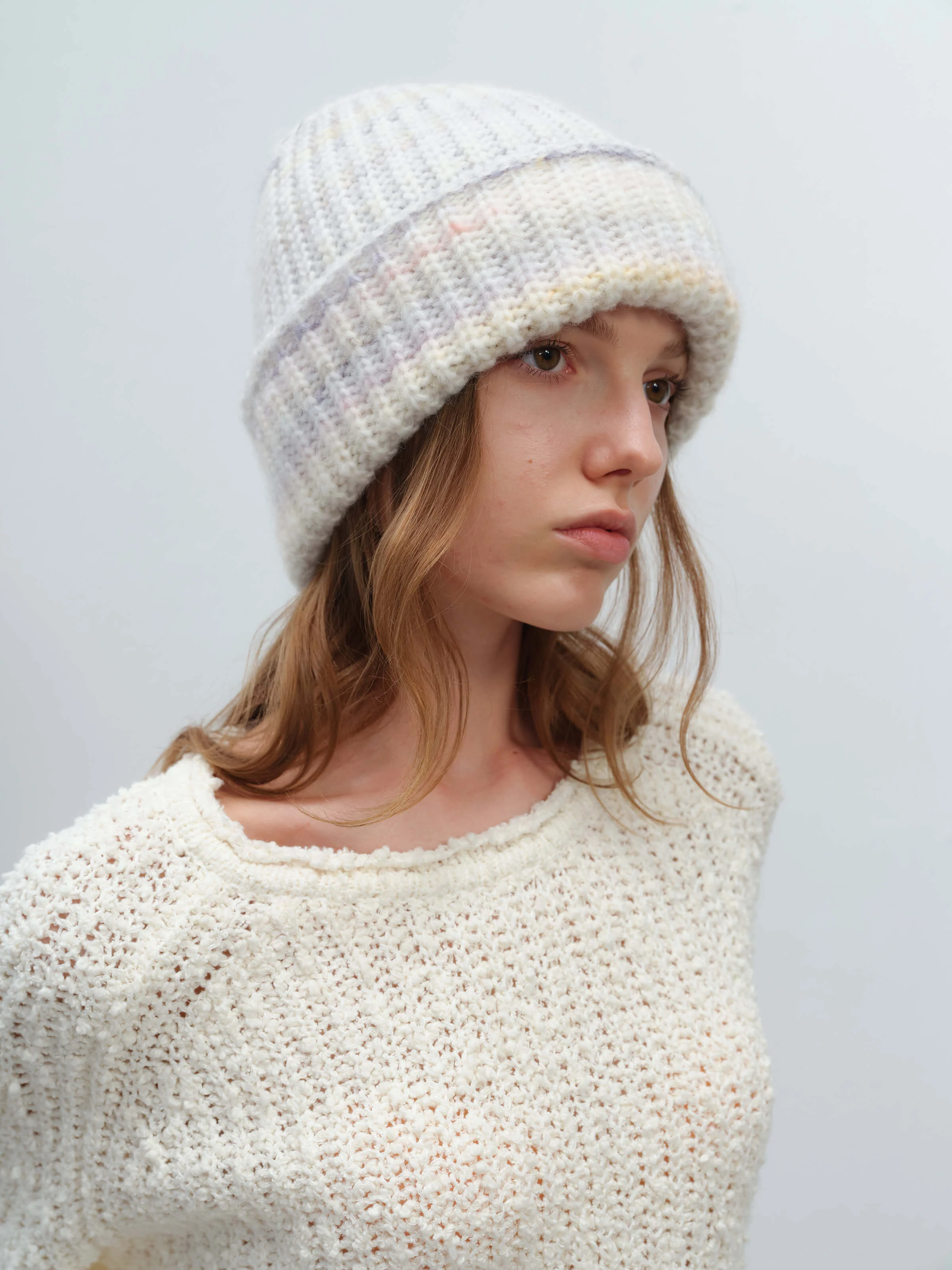 Wool Blend Gradient Knit Beanie - White - Image 3