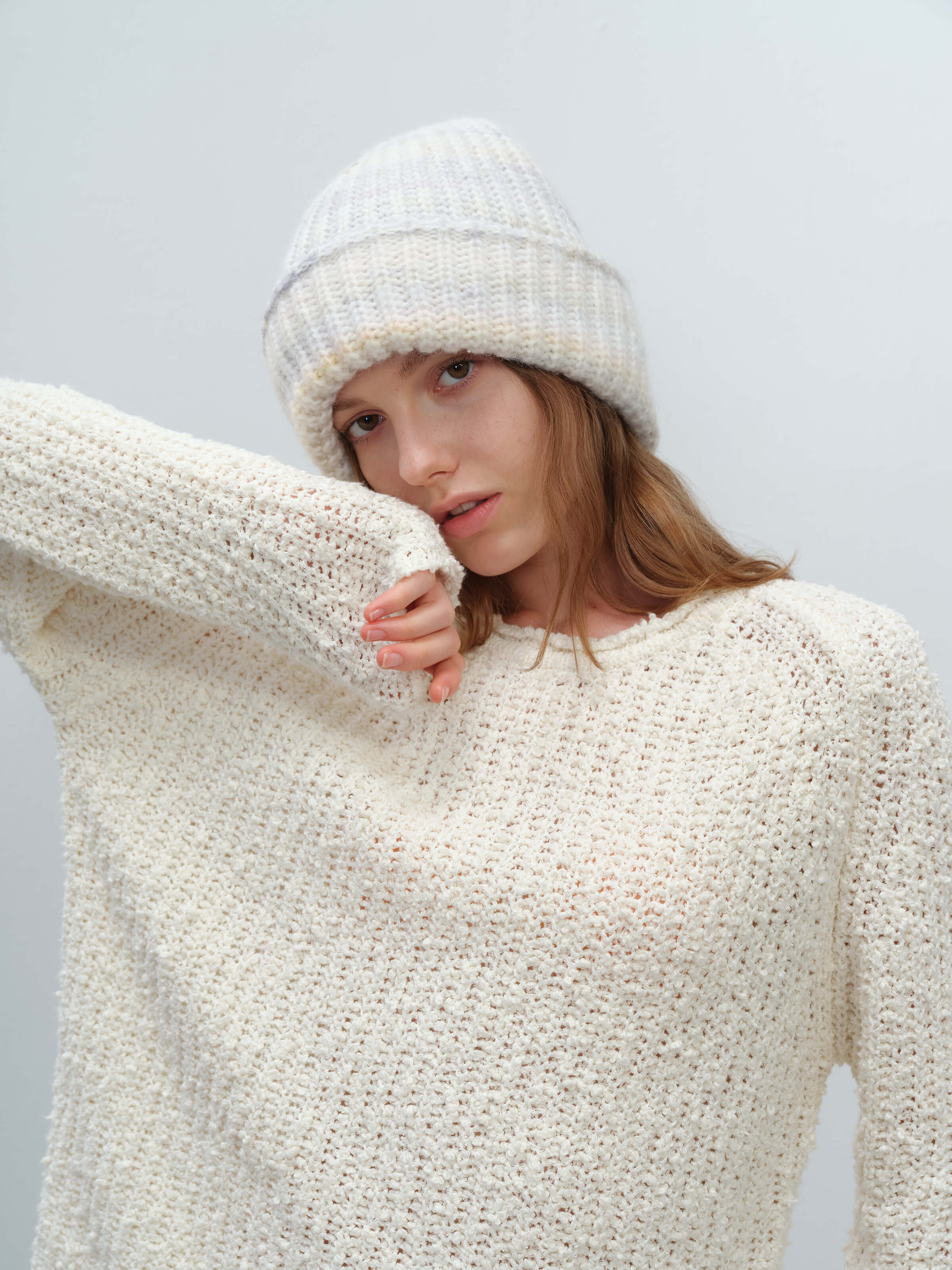 Wool Blend Gradient Knit Beanie - White - Image 4