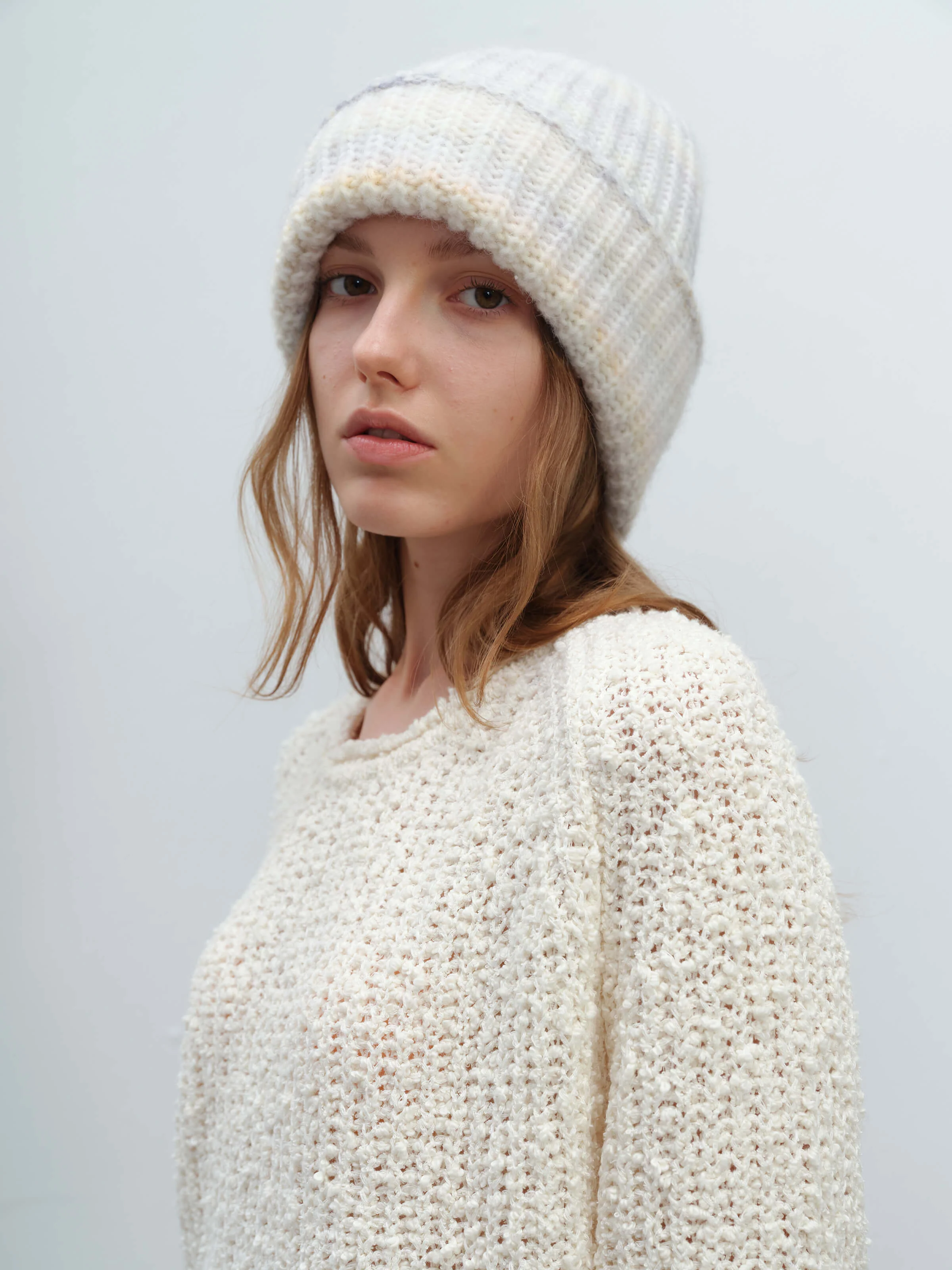Wool Blend Gradient Knit Beanie - White - Image 6