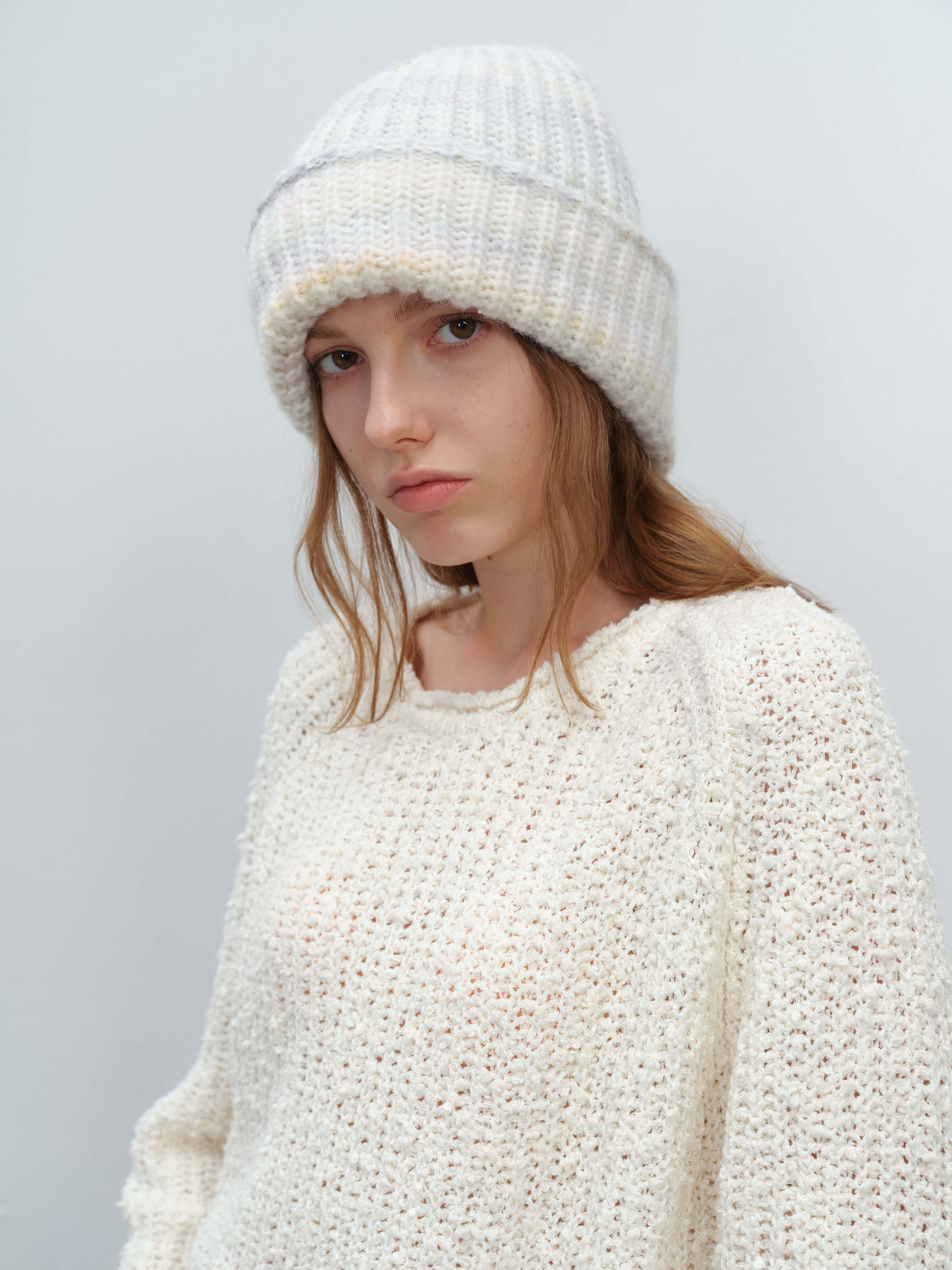 Wool Blend Gradient Knit Beanie - White - Image 7
