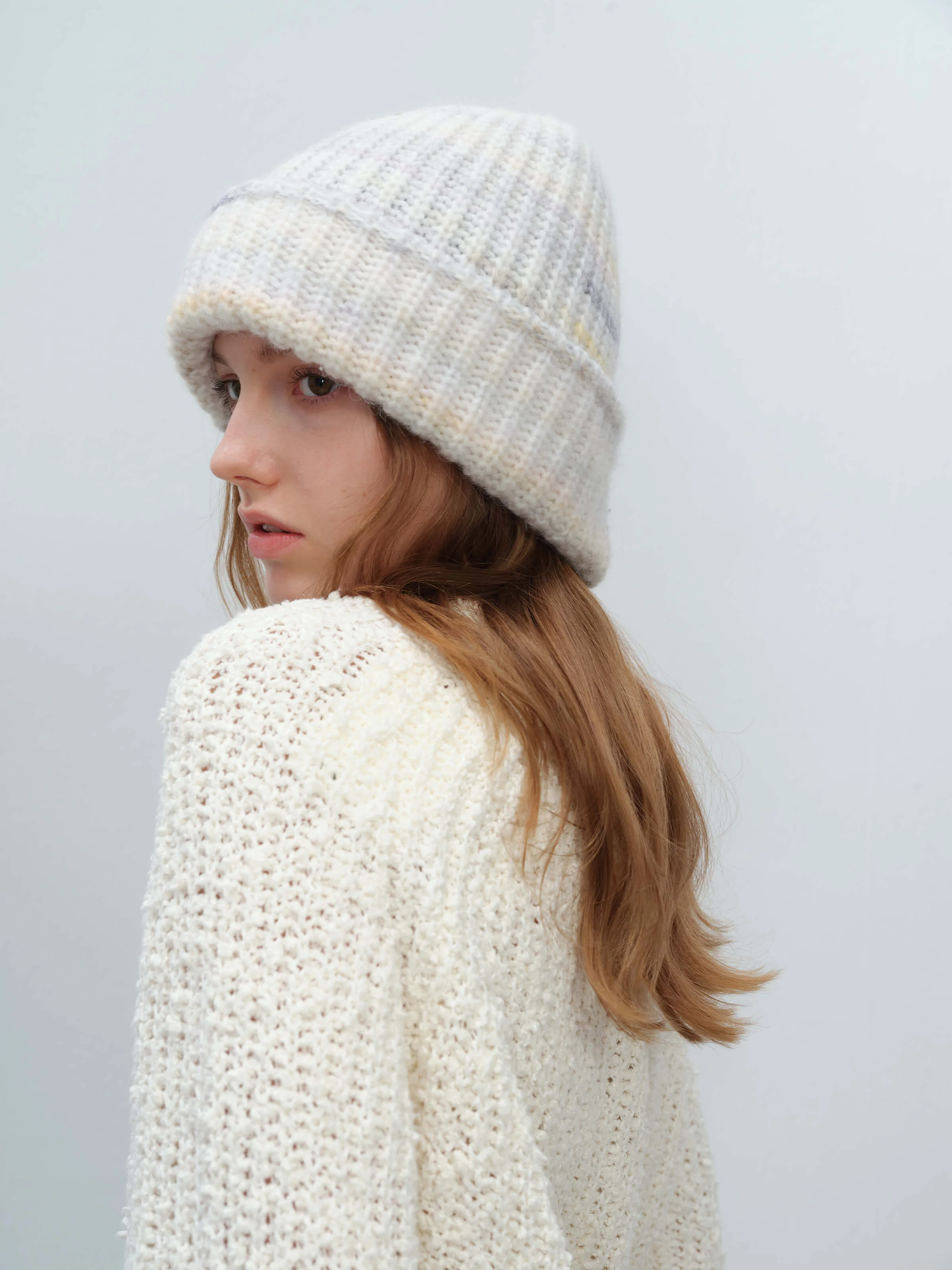 Wool Blend Gradient Knit Beanie - White - Image 8