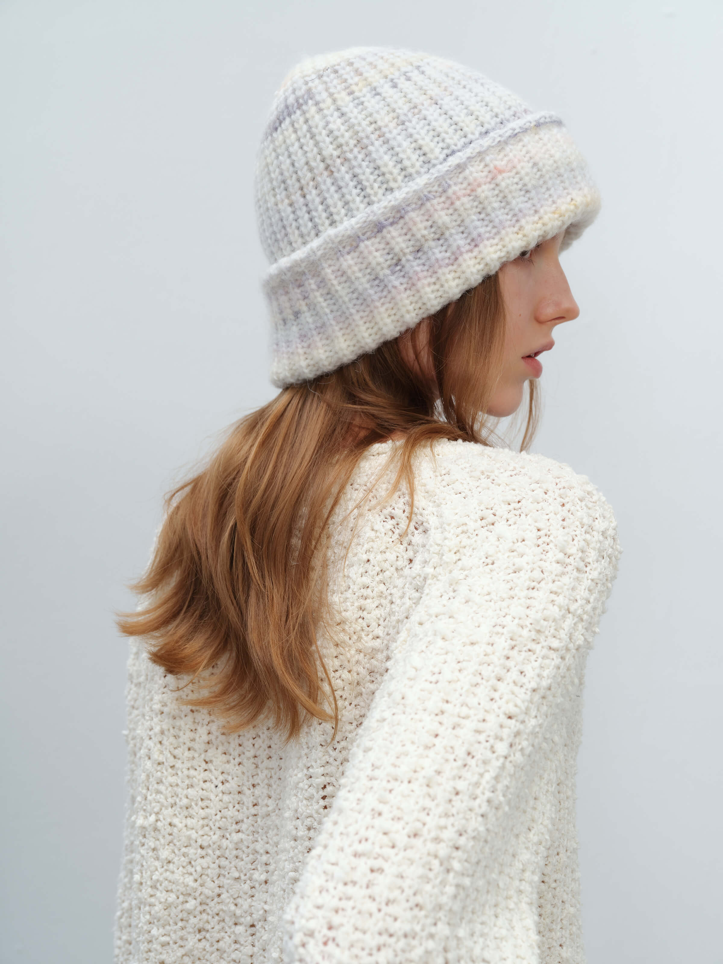 Wool Blend Gradient Knit Beanie - White - Image 9