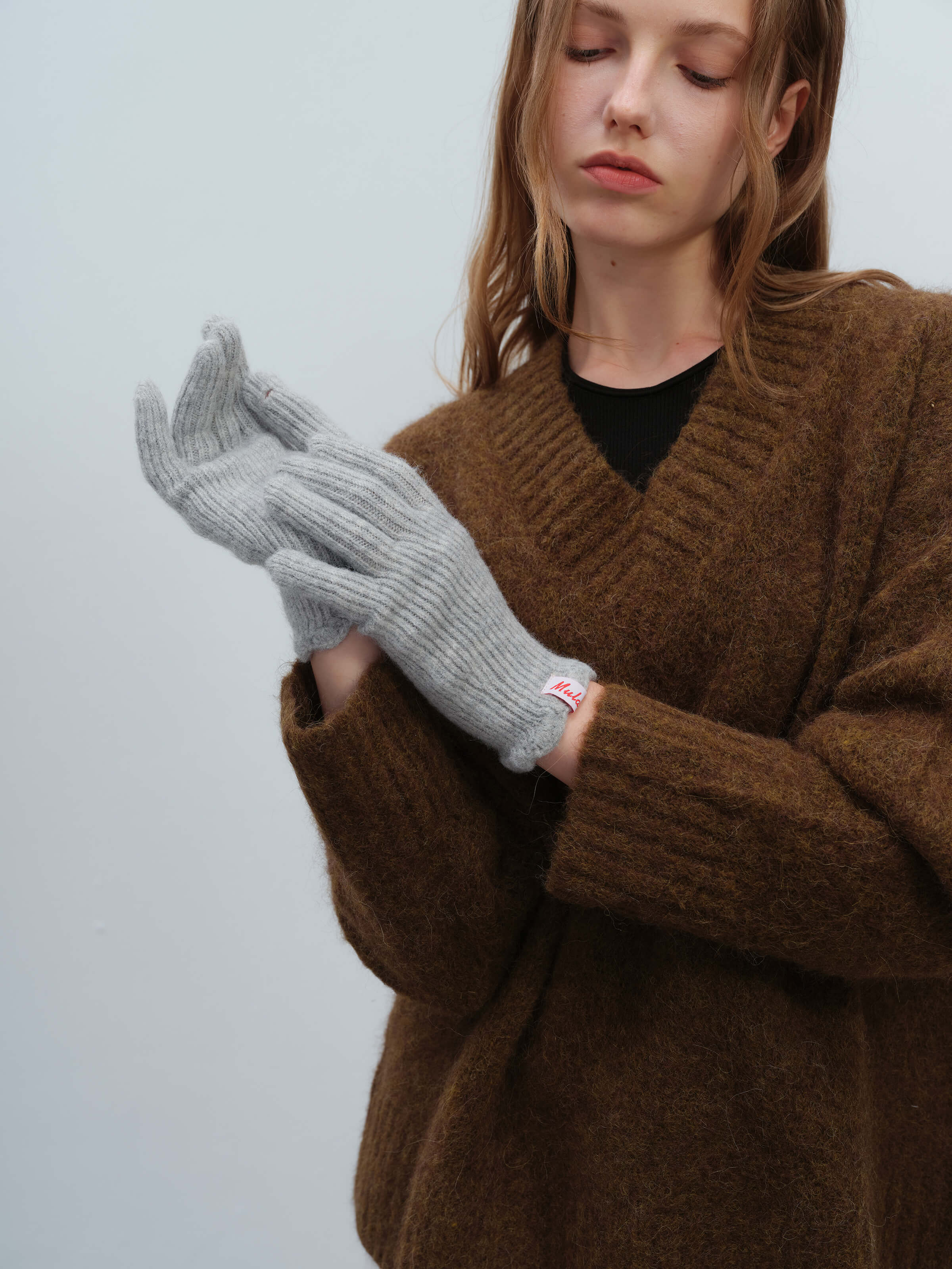 Wool Blend Ribbed Knit Glove Mittens - Grey - Image 2