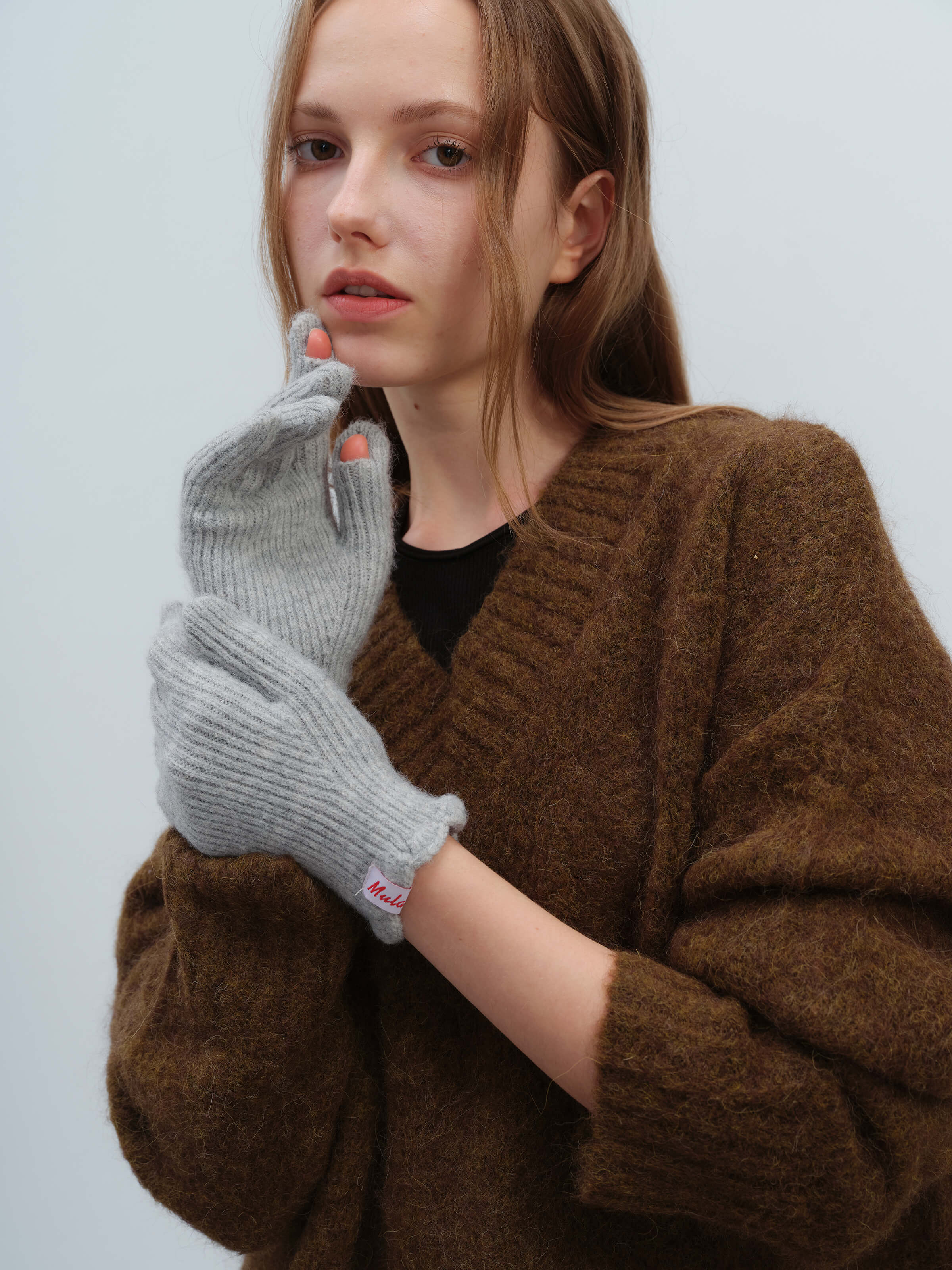 Wool Blend Ribbed Knit Glove Mittens - Grey - Image 3