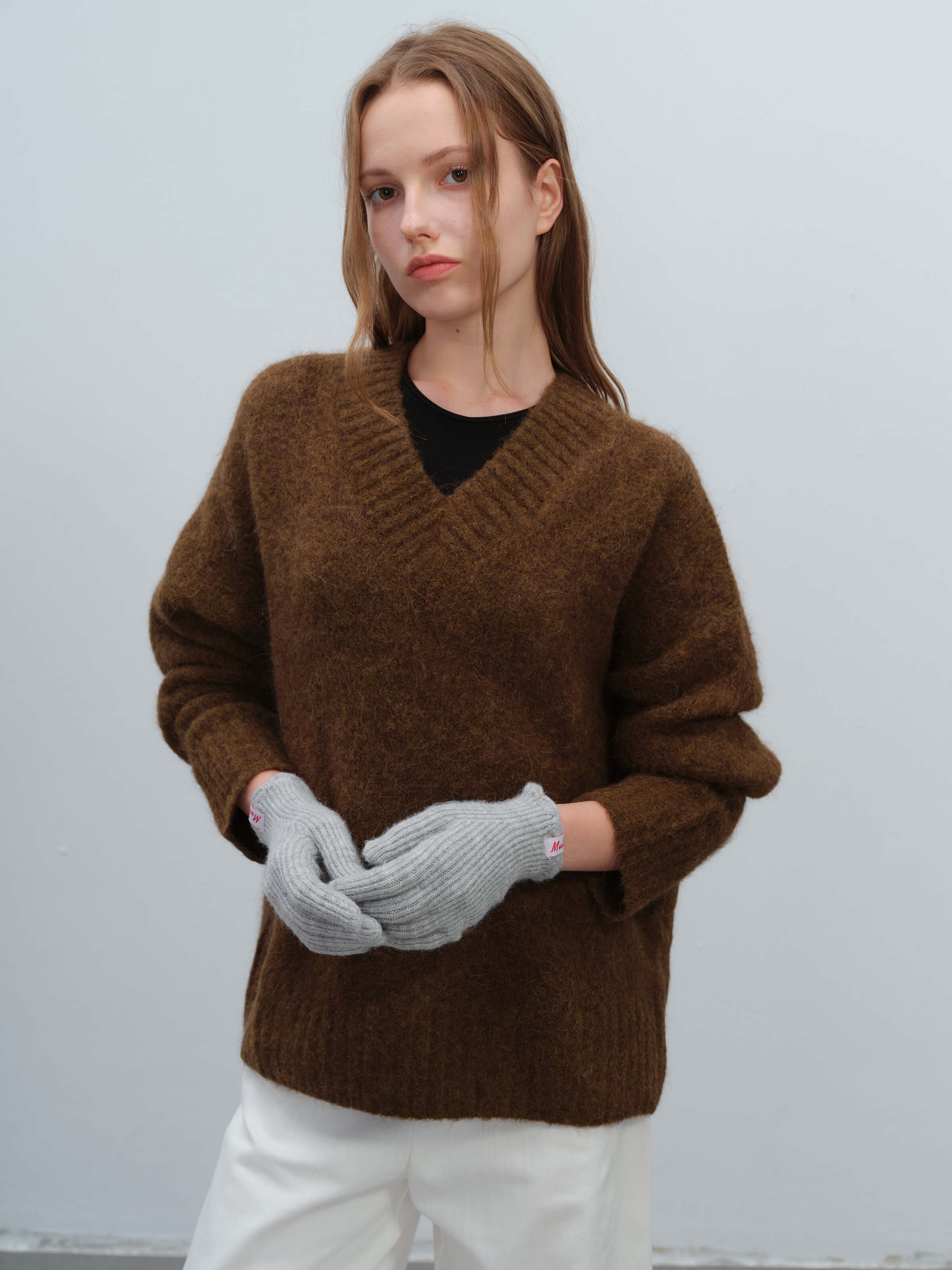Wool Blend Ribbed Knit Glove Mittens - Grey - Image 4
