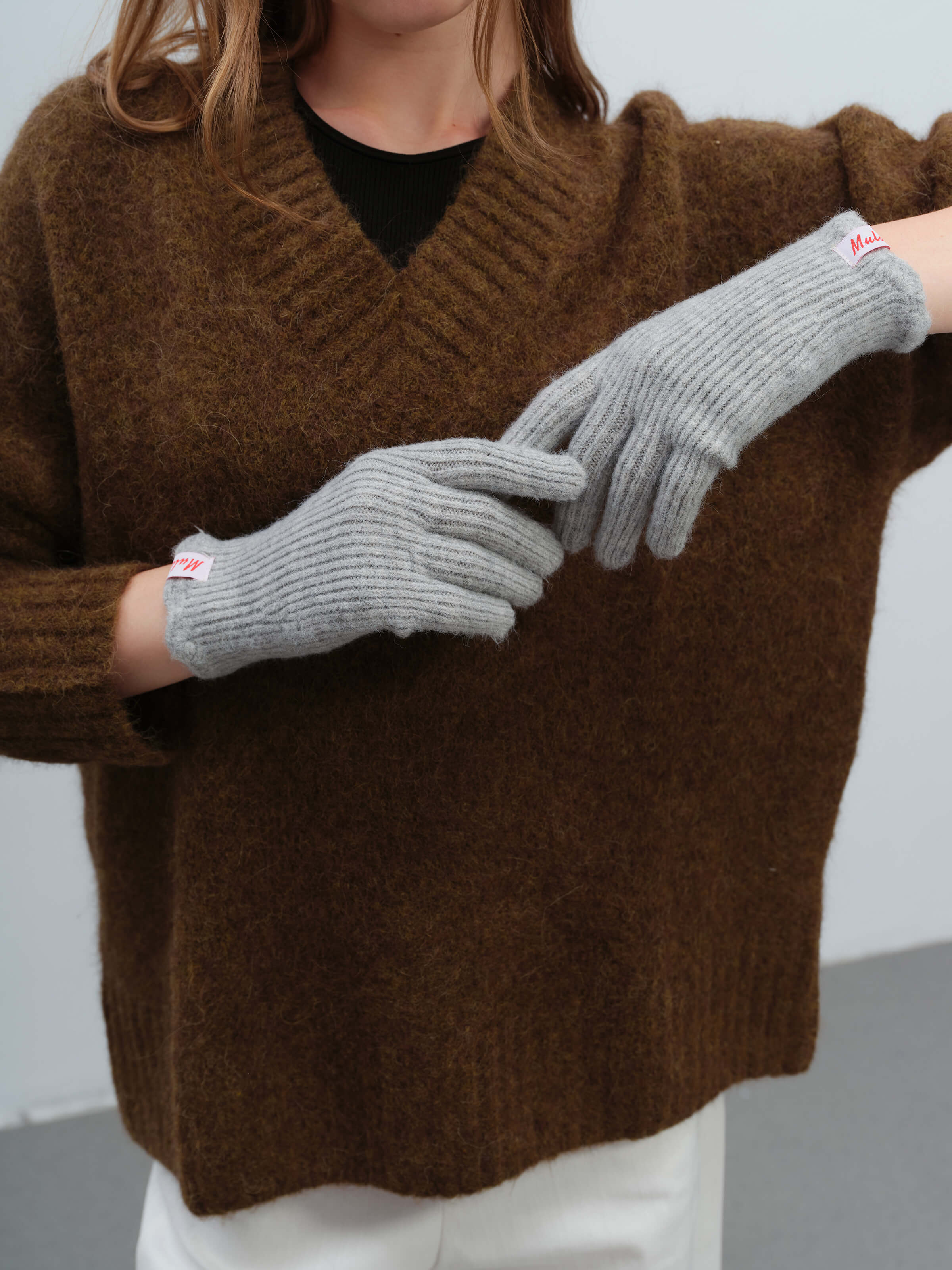 Wool Blend Ribbed Knit Glove Mittens - Grey - Image 5