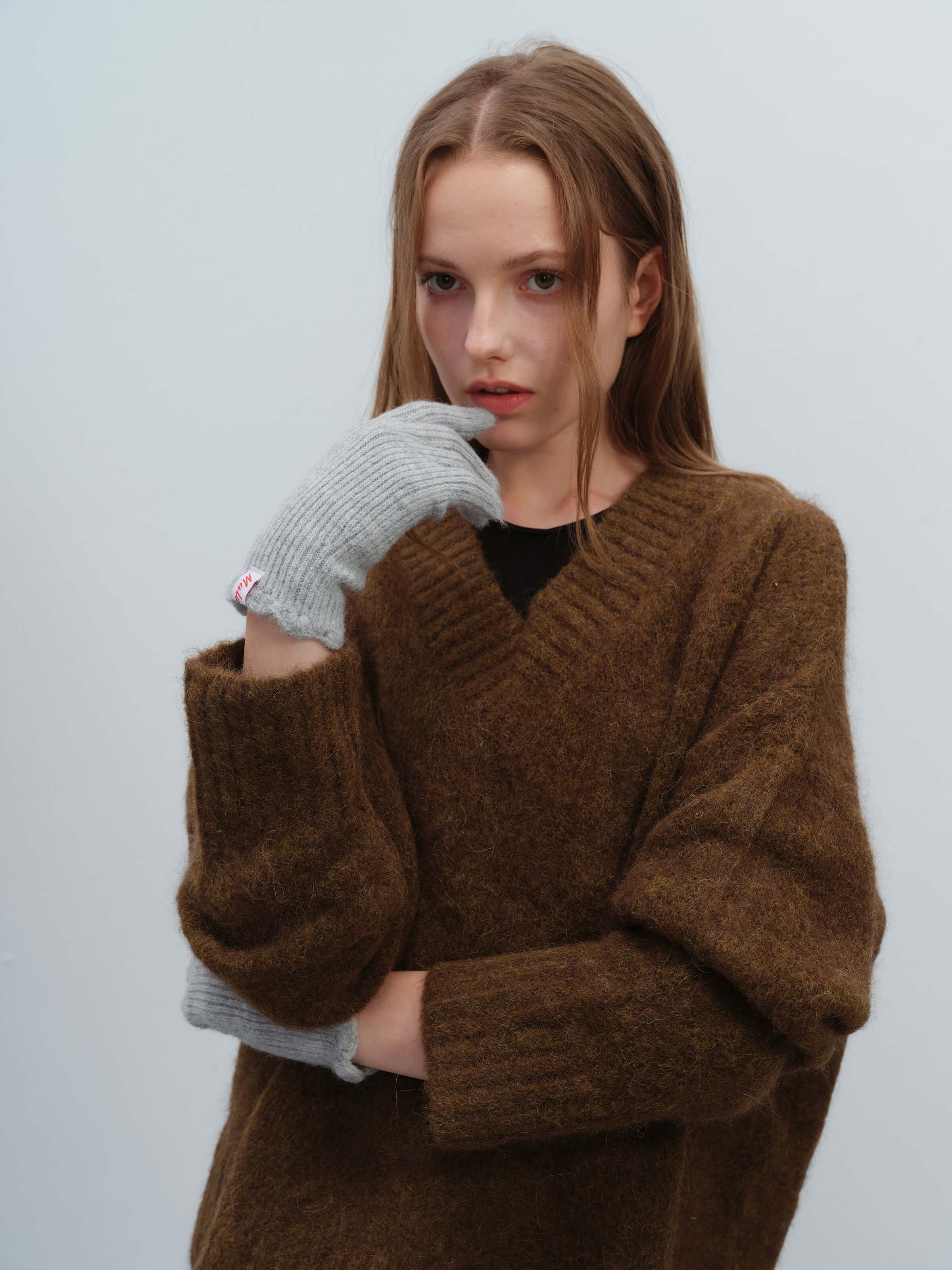 Wool Blend Ribbed Knit Glove Mittens - Grey - Image 7