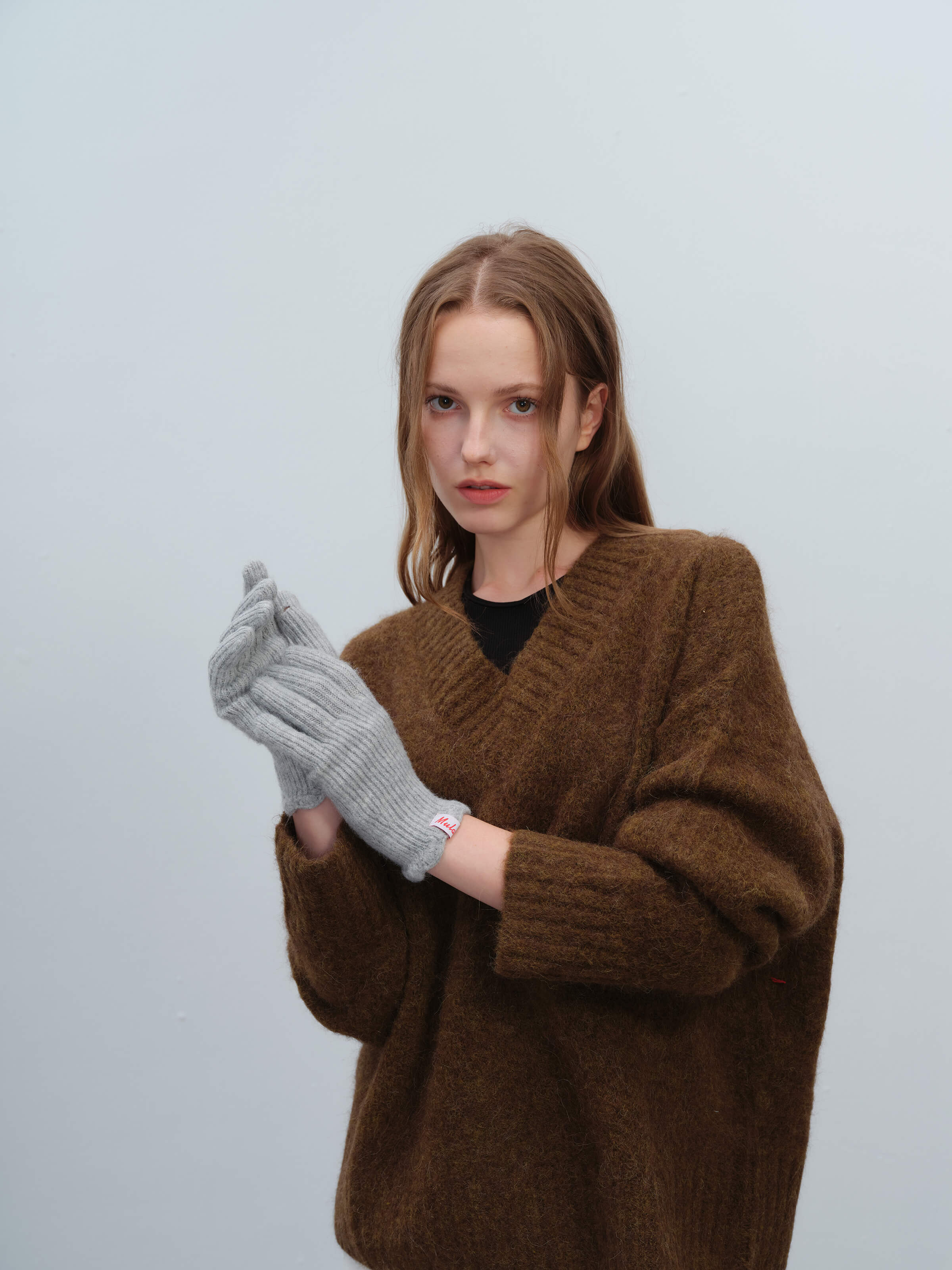 Wool Blend Ribbed Knit Glove Mittens - Grey - Image 8