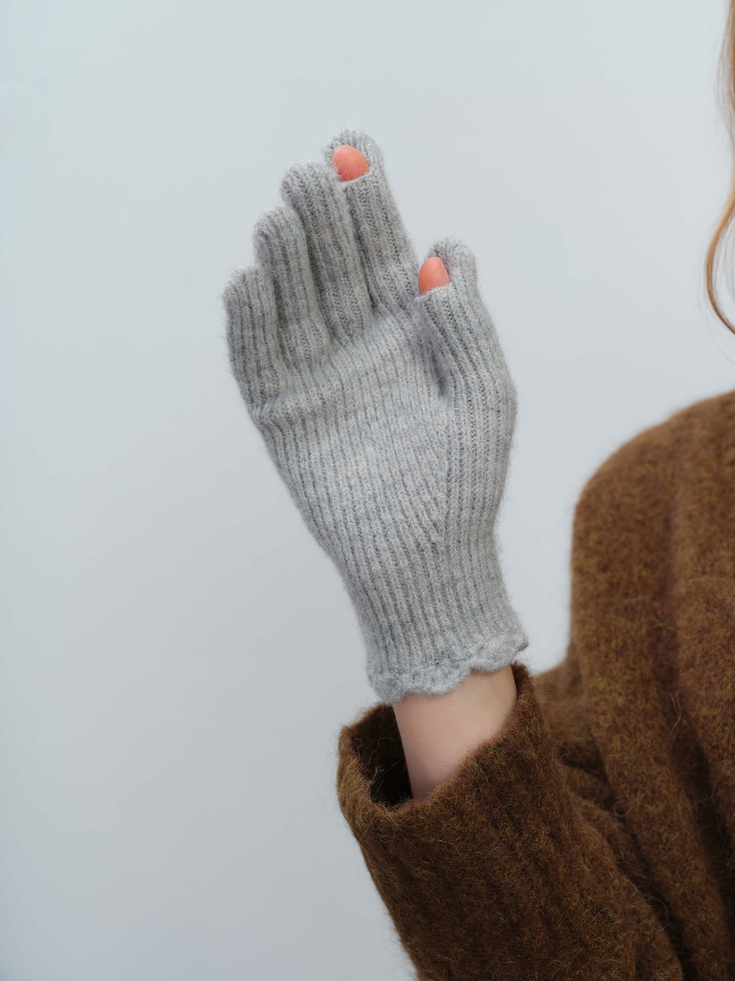 Wool Blend Ribbed Knit Glove Mittens - Grey - Image 9