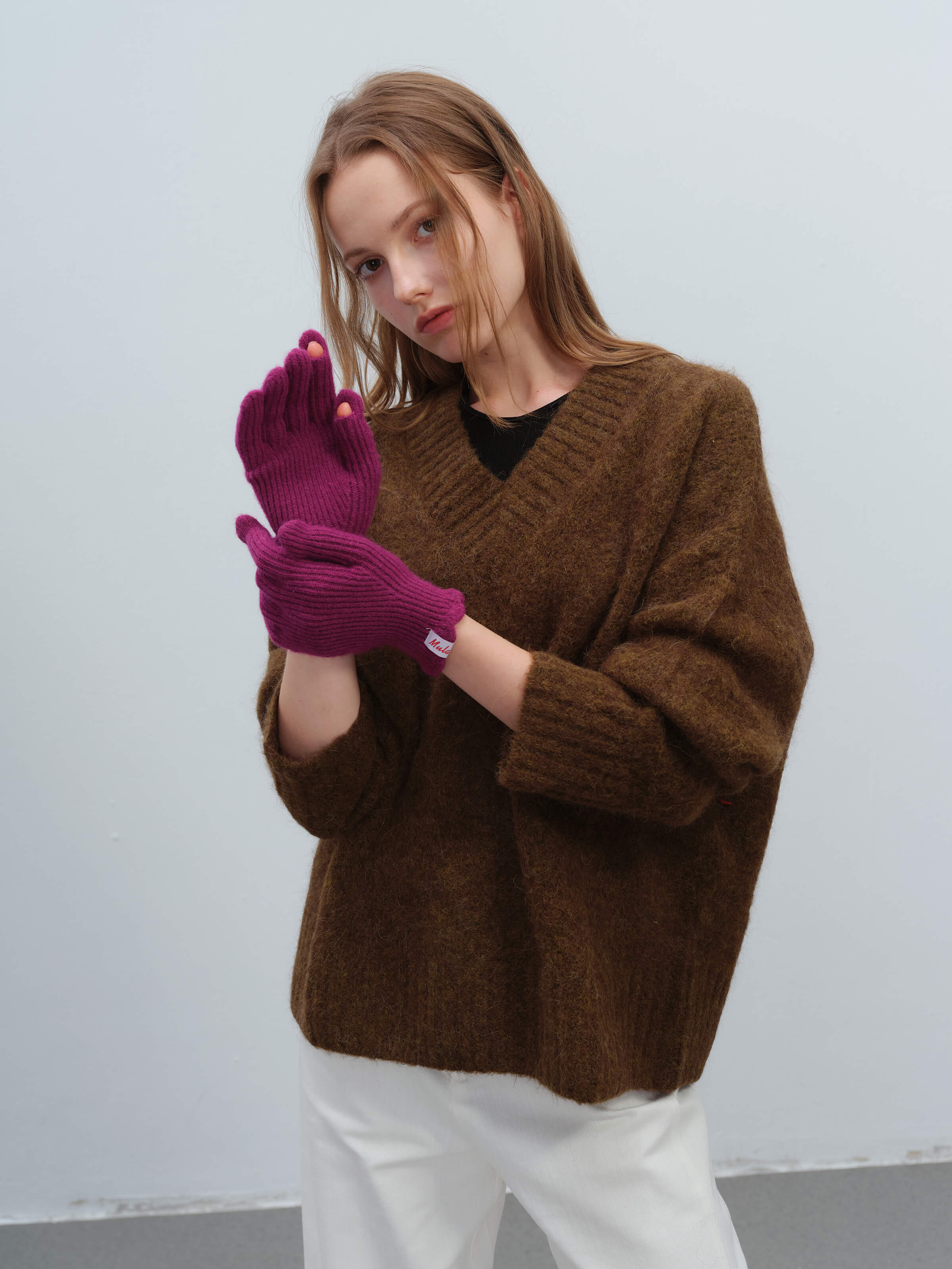 Wool Blend Ribbed Knit Glove Mittens - Magenta - Image 2
