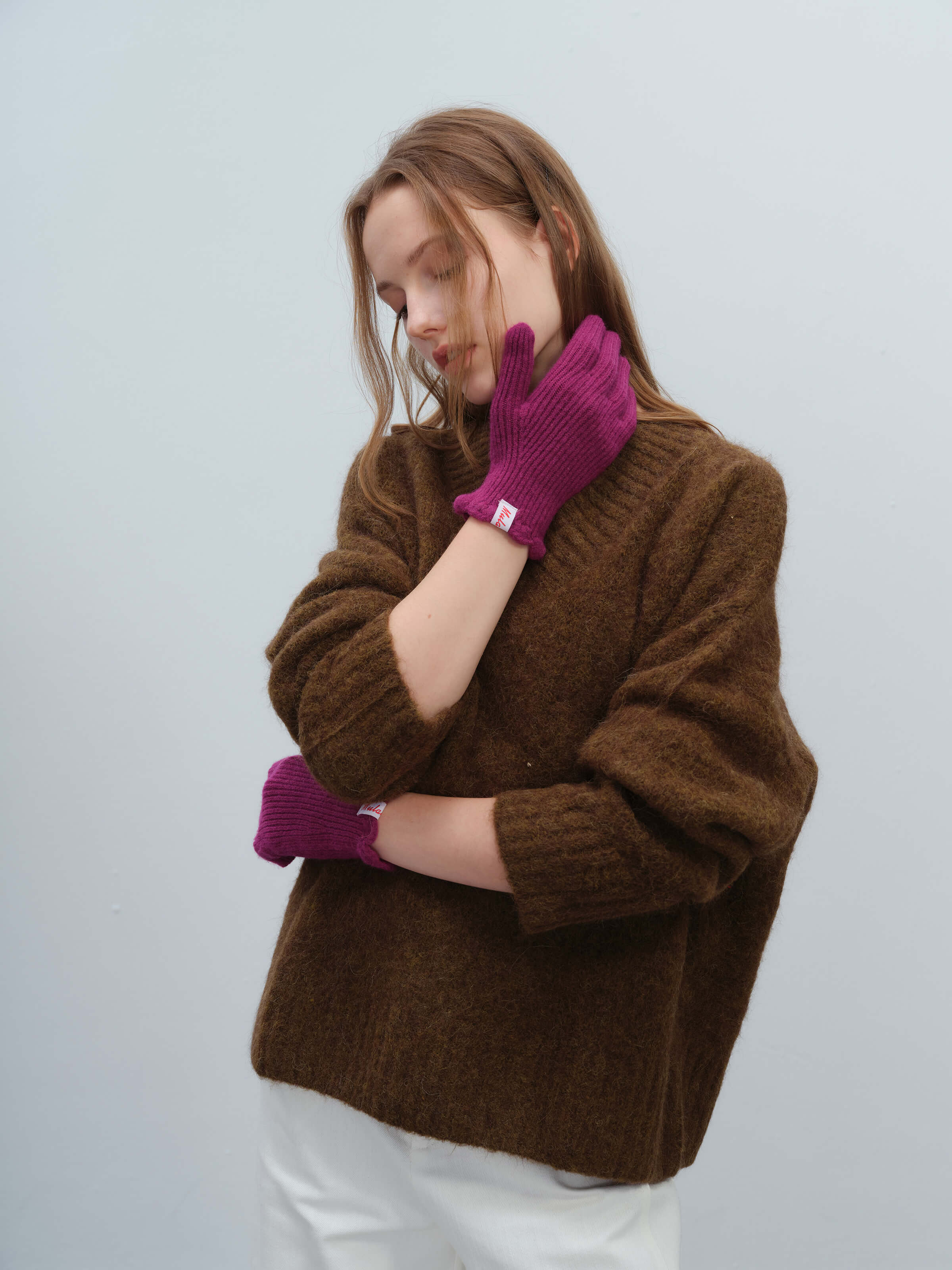 Wool Blend Ribbed Knit Glove Mittens - Magenta - Image 4