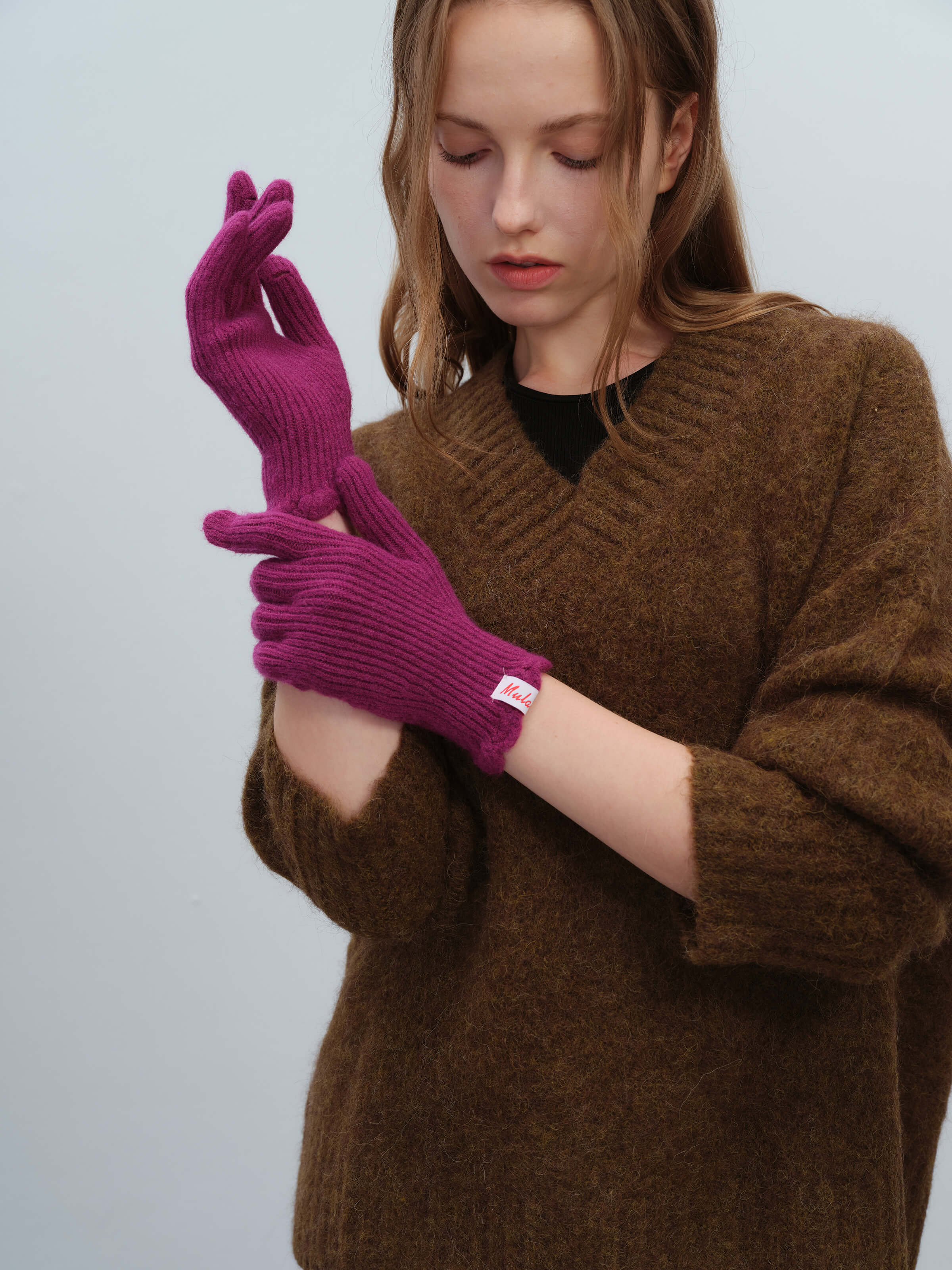 Wool Blend Ribbed Knit Glove Mittens - Magenta - Image 5