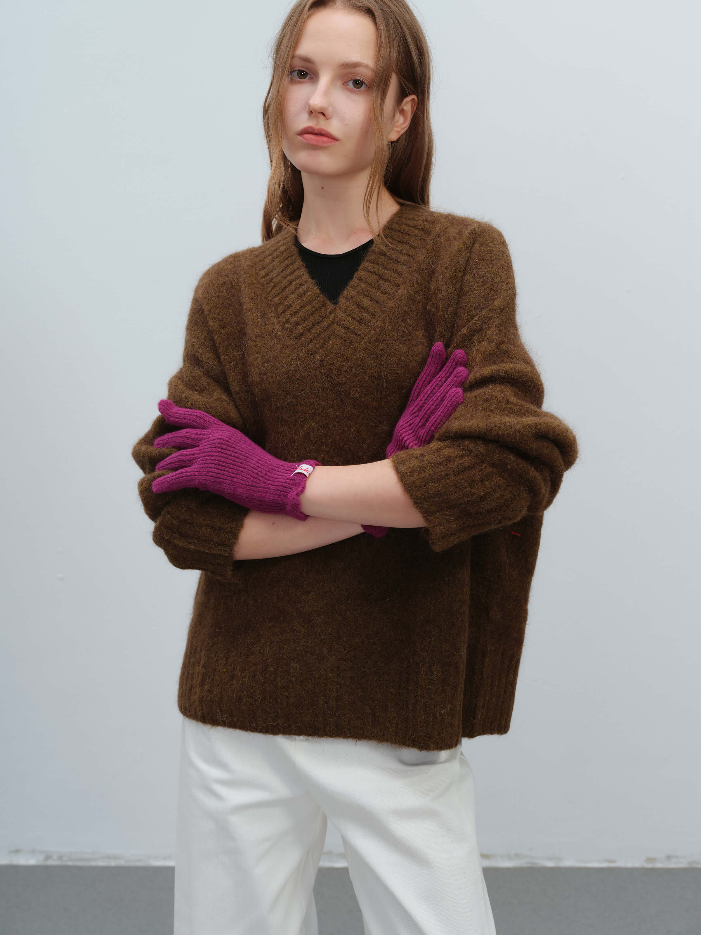 Wool Blend Ribbed Knit Glove Mittens - Magenta - Image 6