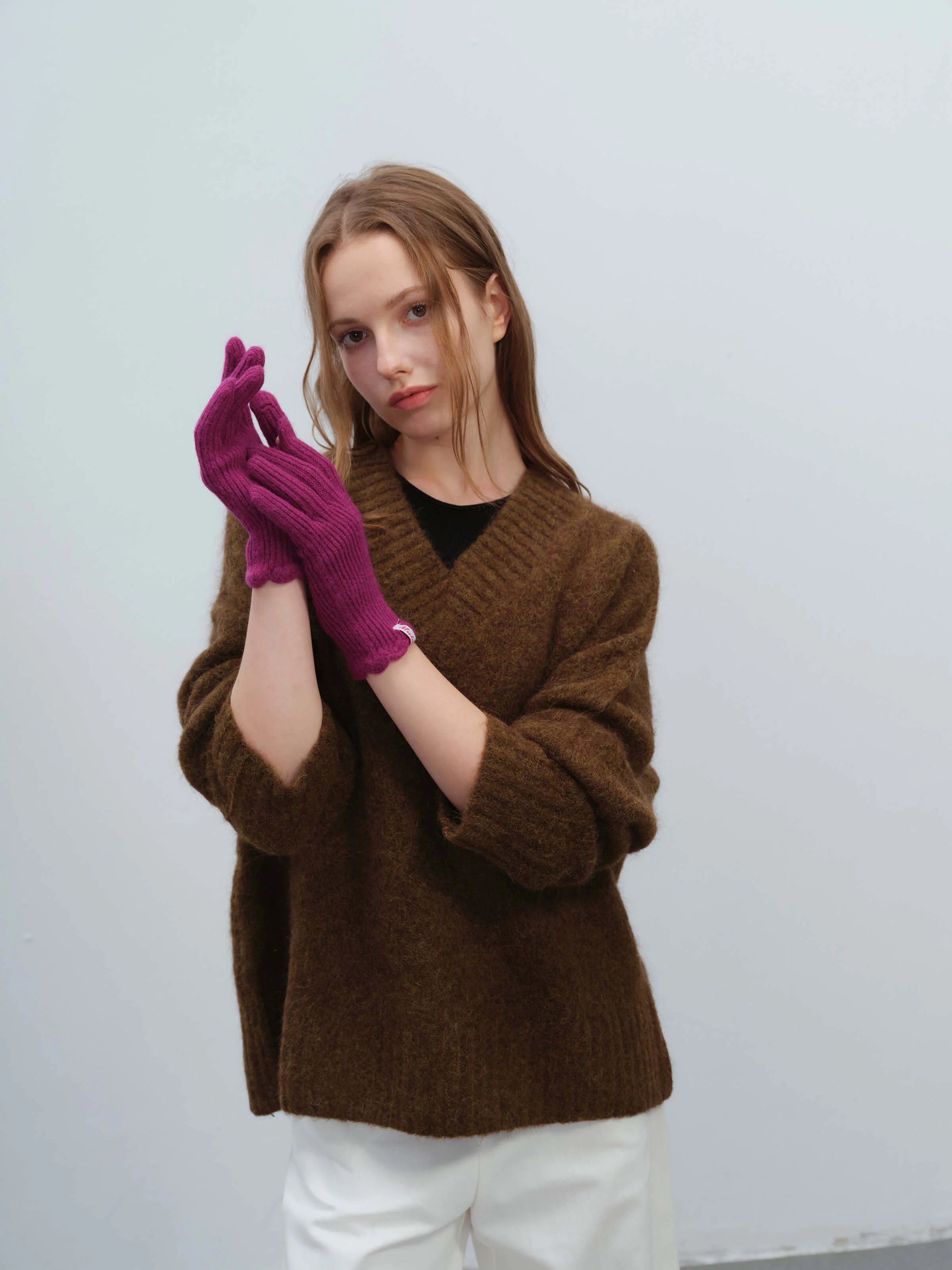 Wool Blend Ribbed Knit Glove Mittens - Magenta - Image 7