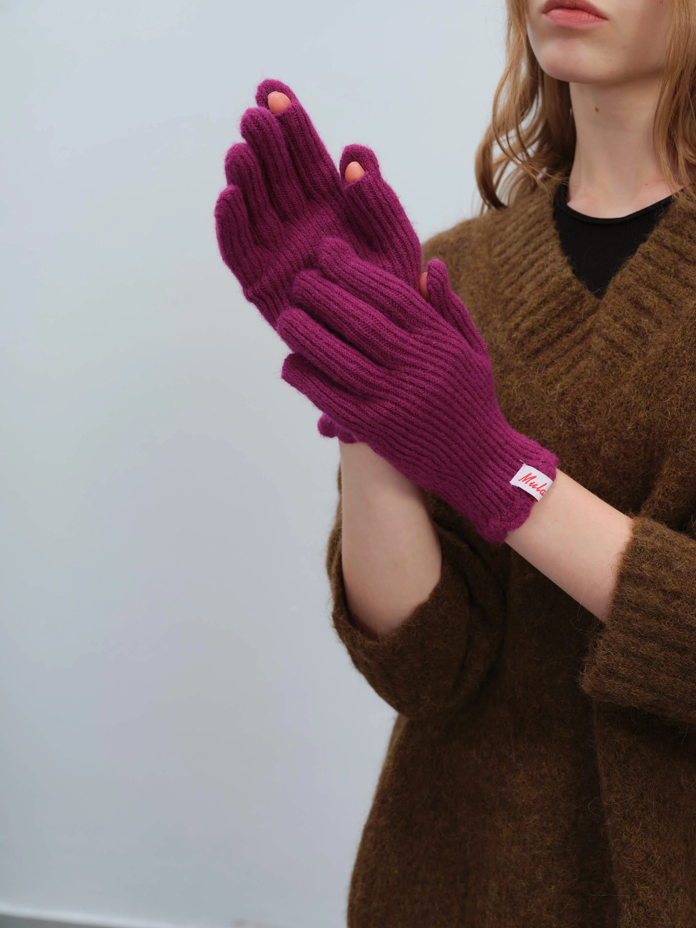 Wool Blend Ribbed Knit Glove Mittens - Magenta - Image 8