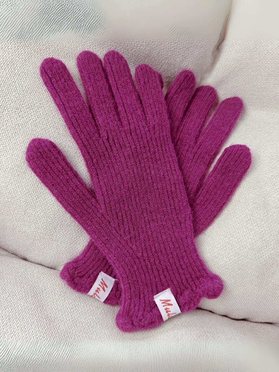 Wool Blend Ribbed Knit Glove Mittens - Magenta - Image 9