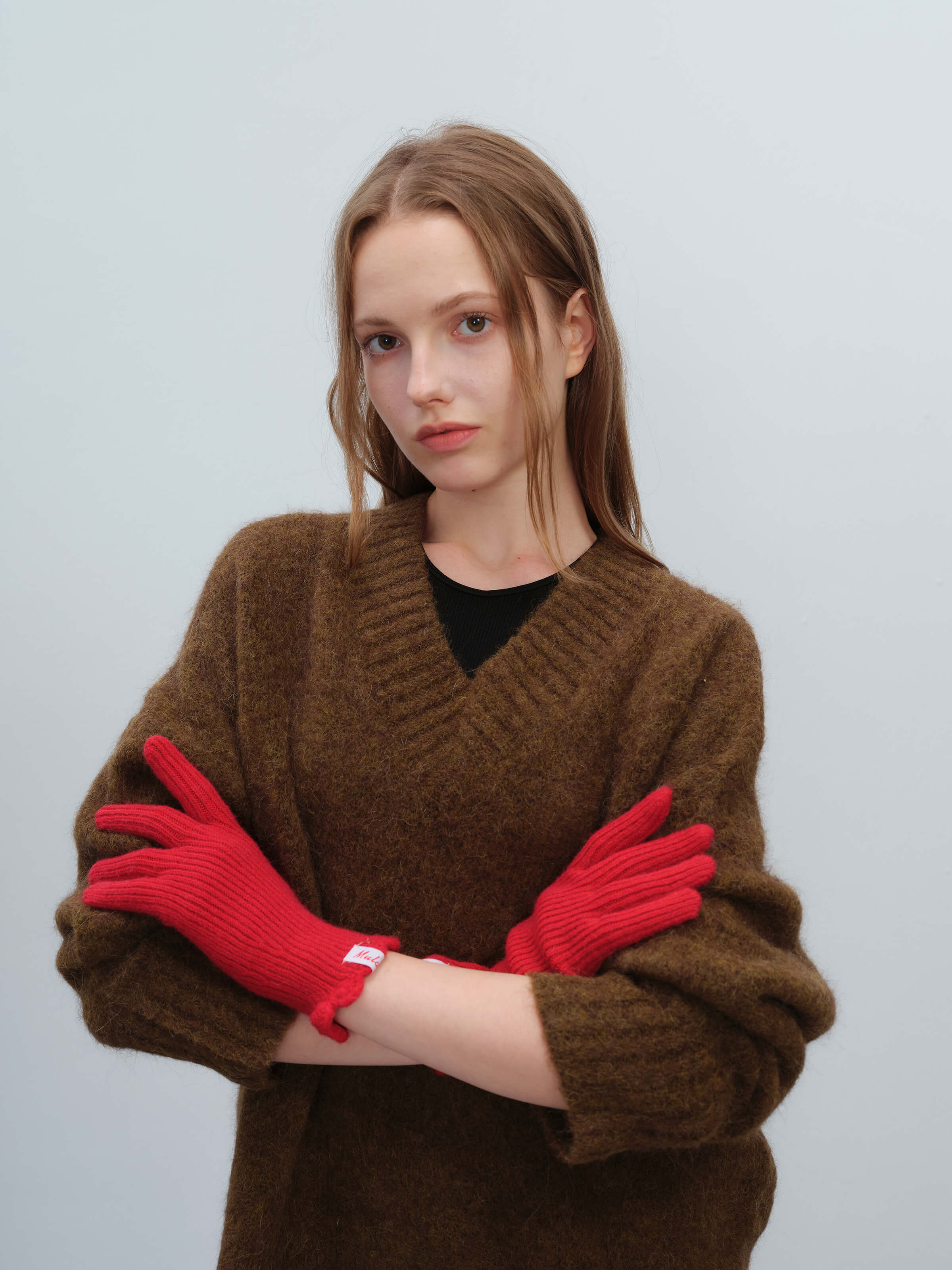 Wool Blend Ribbed Knit Glove Mittens - Red - Image 2