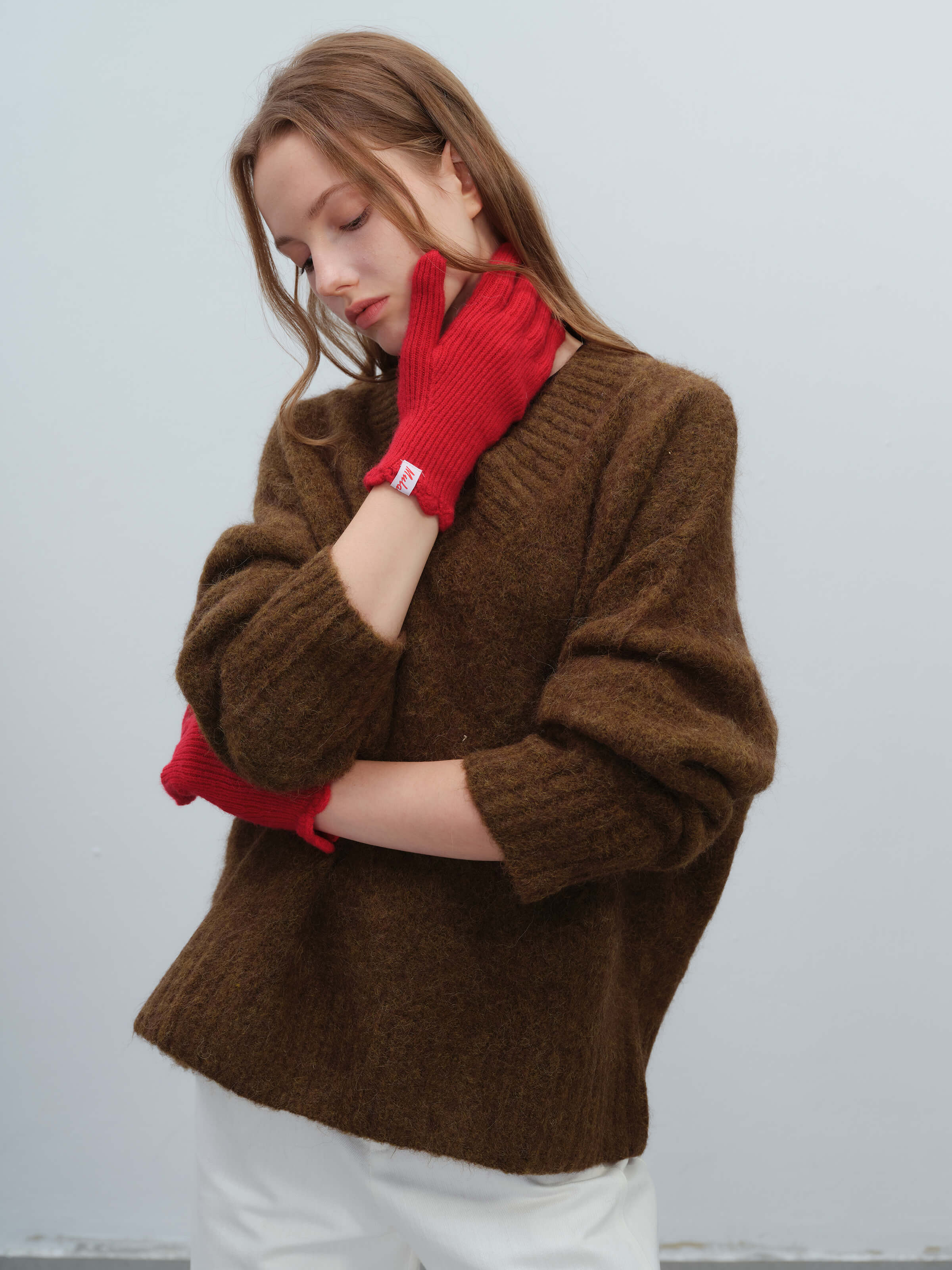 Wool Blend Ribbed Knit Glove Mittens - Red - Image 3