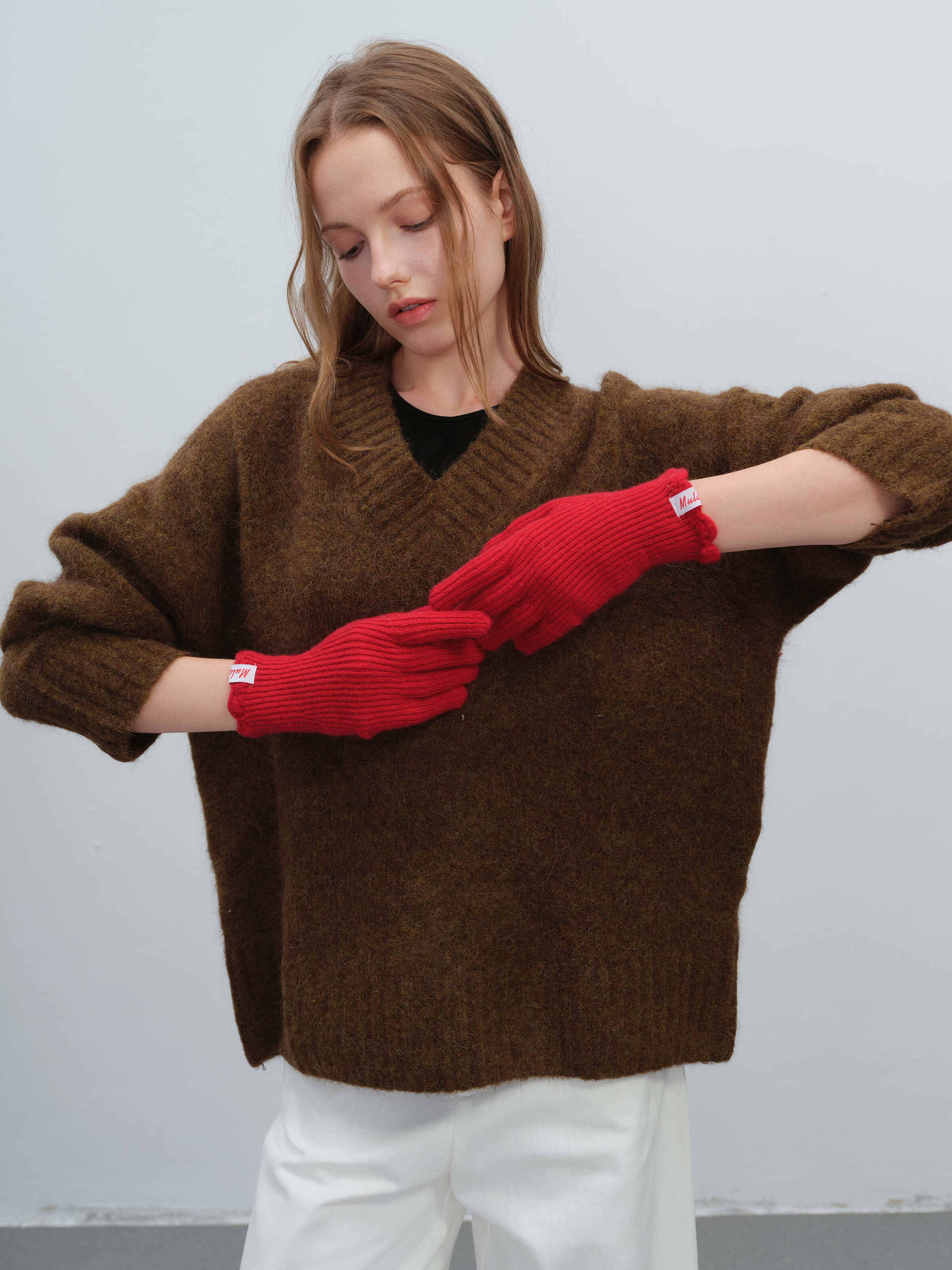 Wool Blend Ribbed Knit Glove Mittens - Red - Image 4