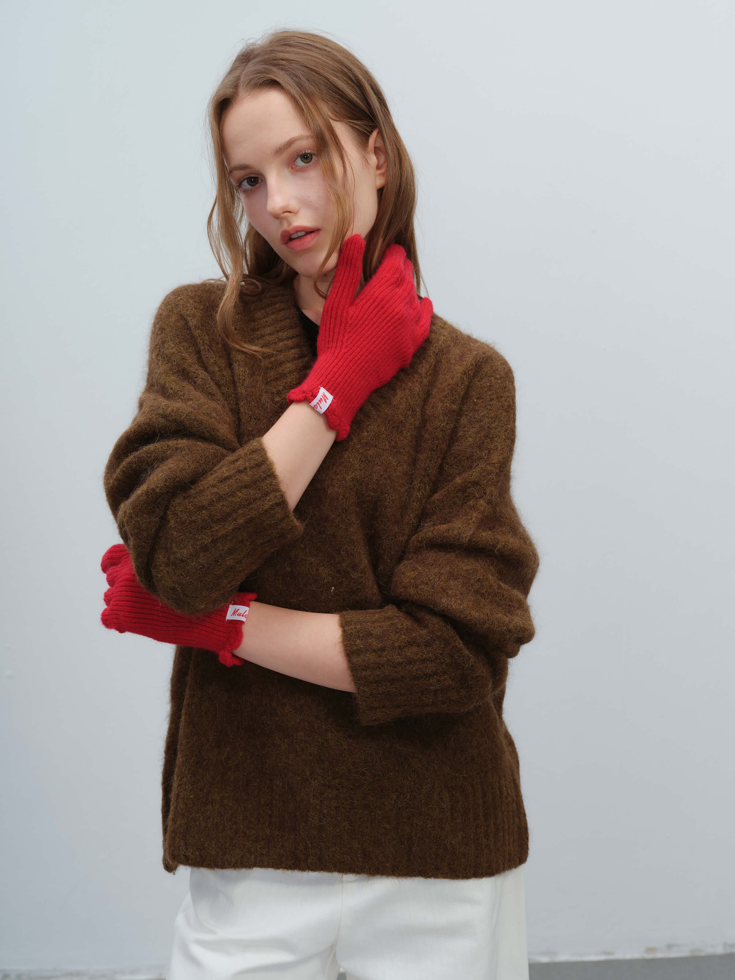 Wool Blend Ribbed Knit Glove Mittens - Red - Image 5