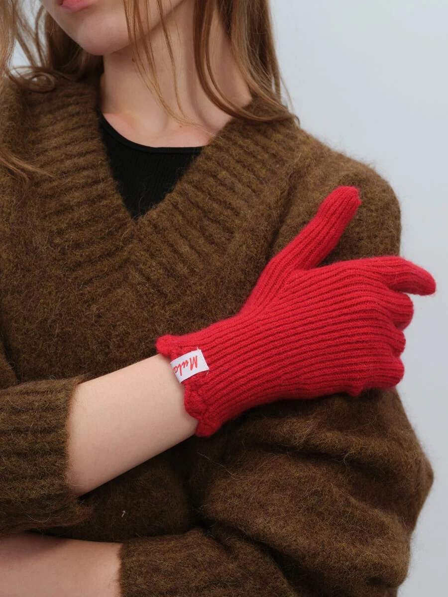 Wool Blend Ribbed Knit Glove Mittens - Red - Image 6