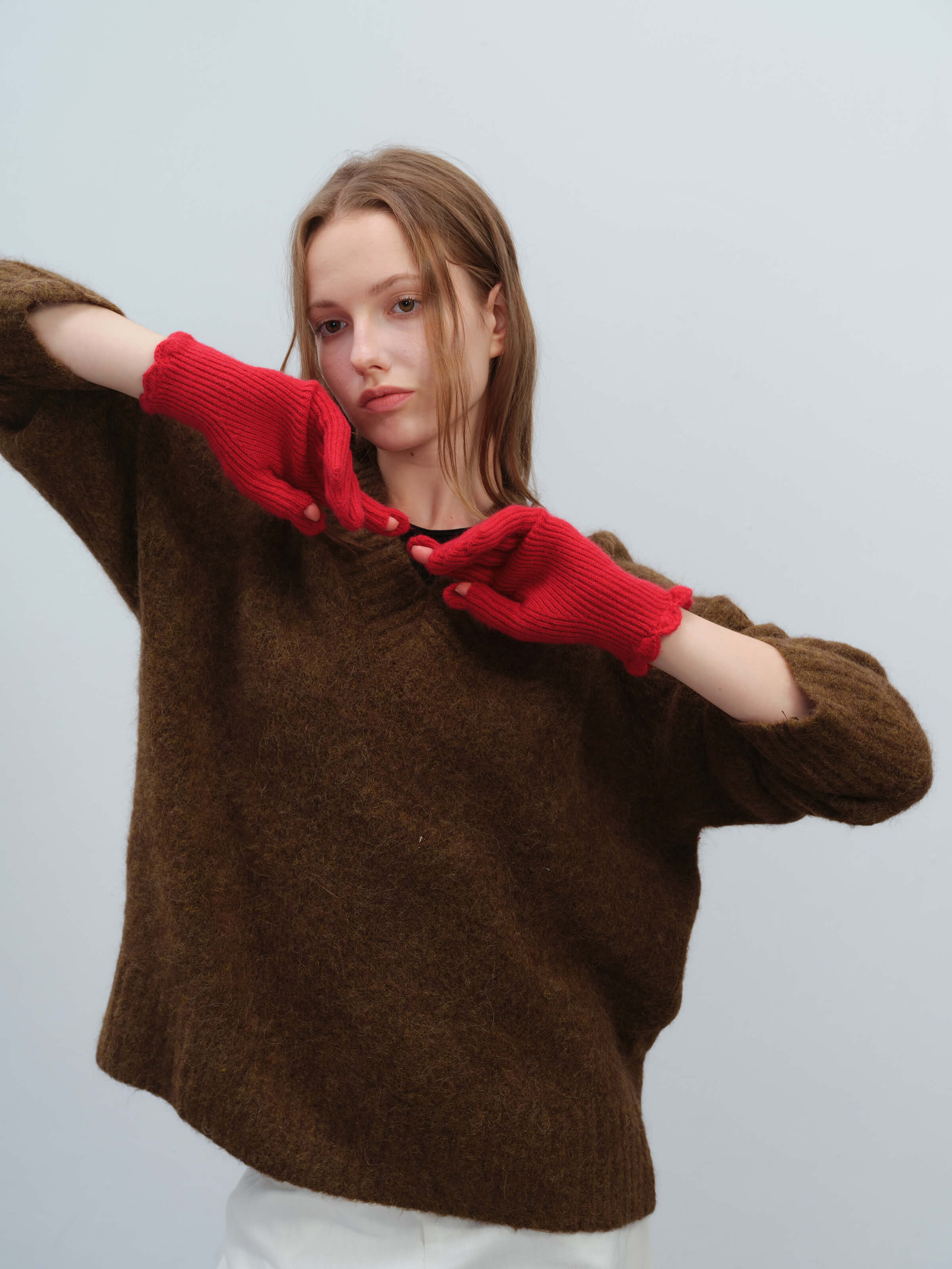 Wool Blend Ribbed Knit Glove Mittens - Red - Image 7