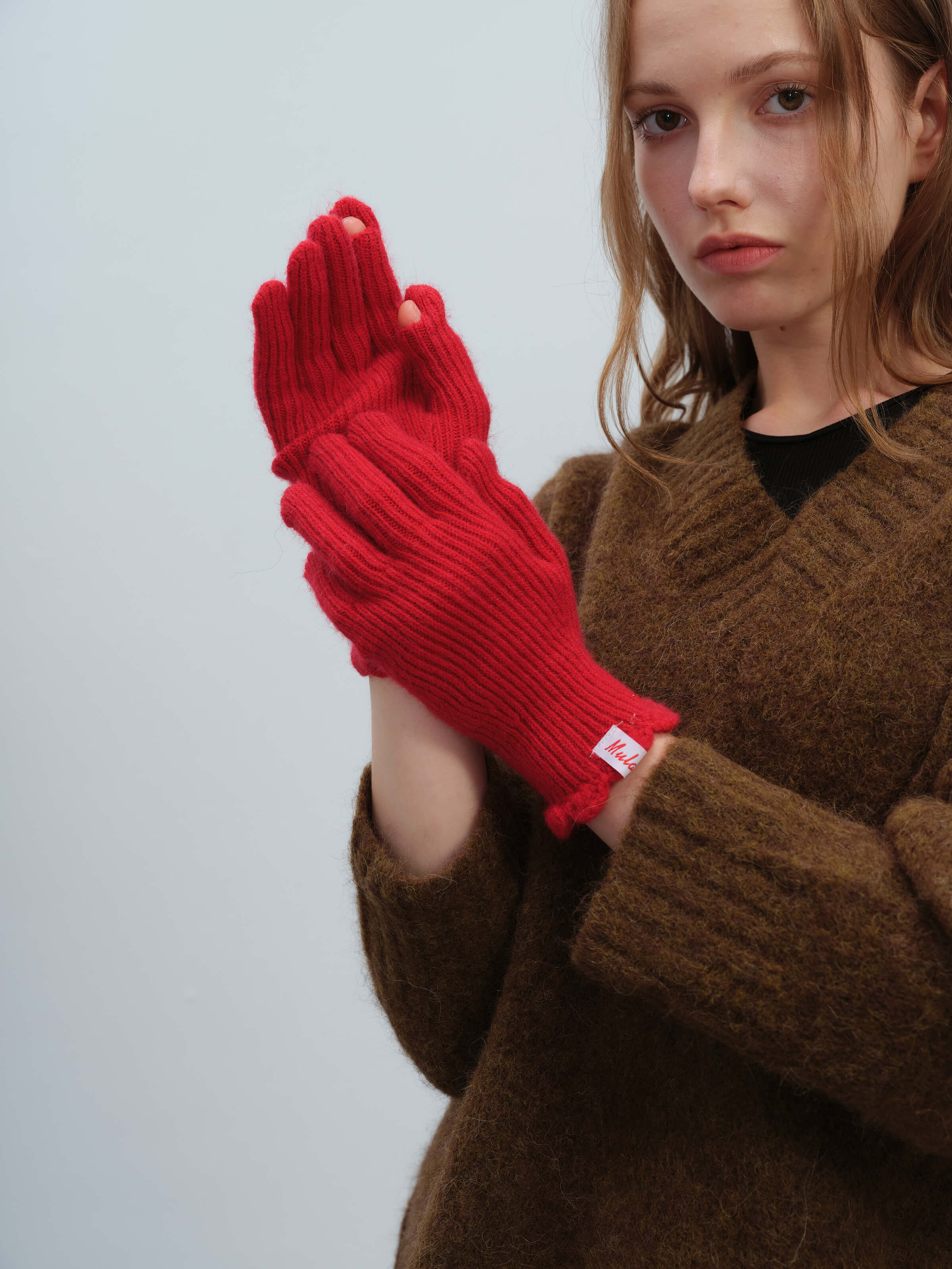 Wool Blend Ribbed Knit Glove Mittens - Red - Image 8