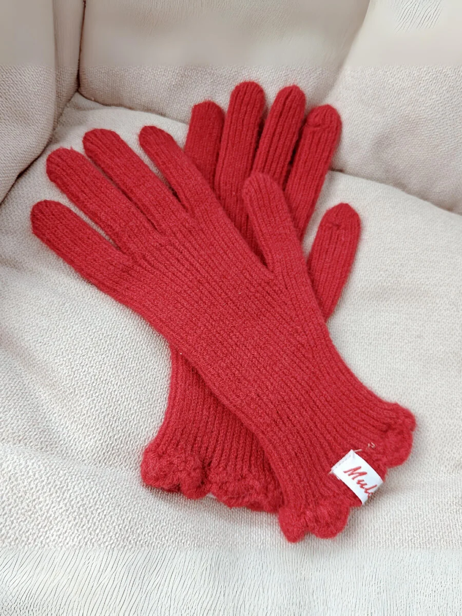 Wool Blend Ribbed Knit Glove Mittens - Red - Image 9
