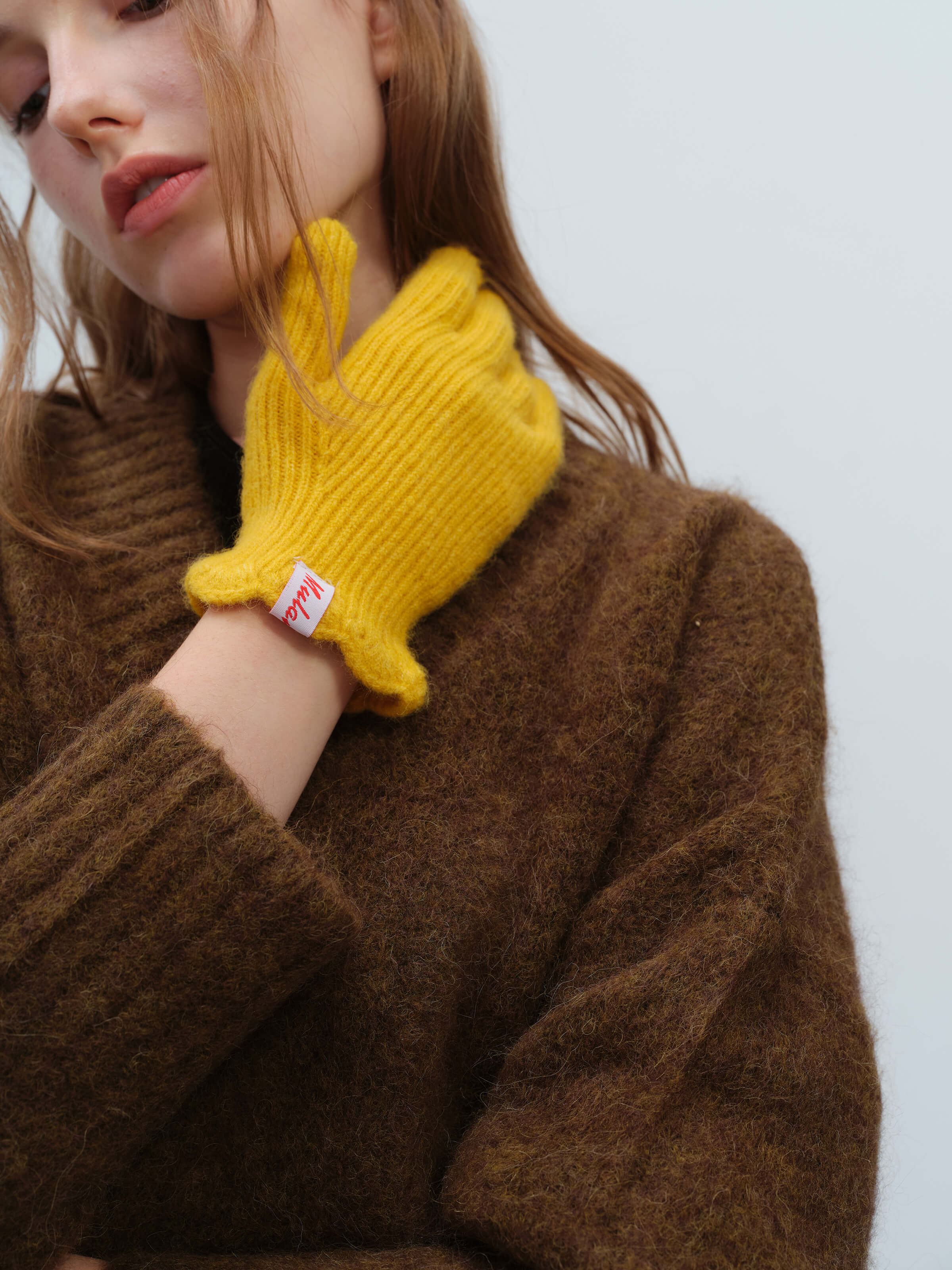 Wool Blend Ribbed Knit Glove Mittens - Yellow - Image 2