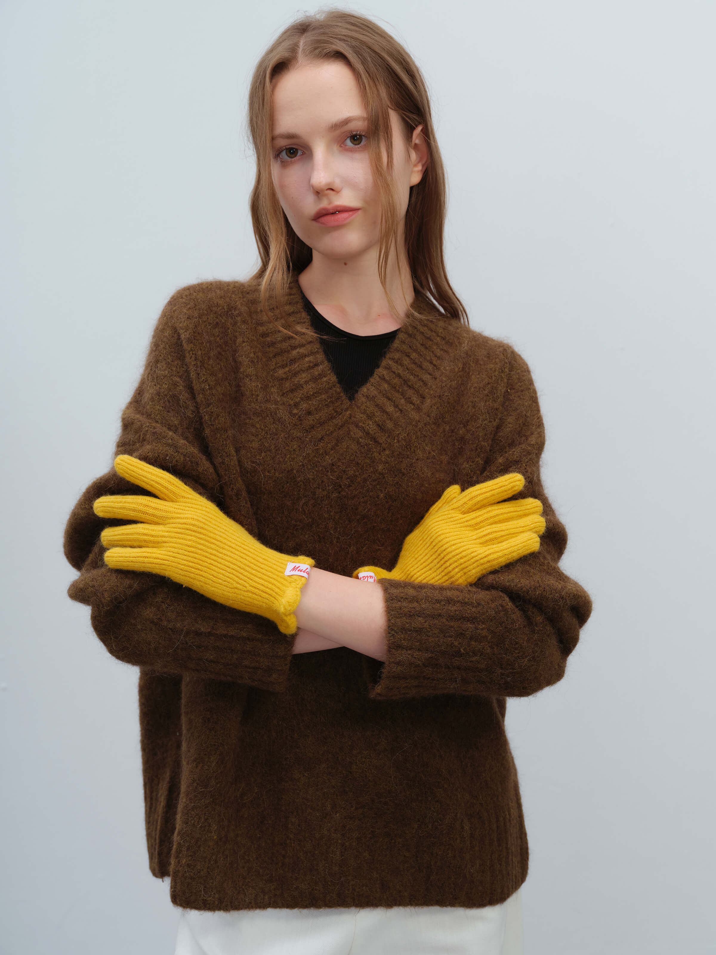 Wool Blend Ribbed Knit Glove Mittens - Yellow - Image 3
