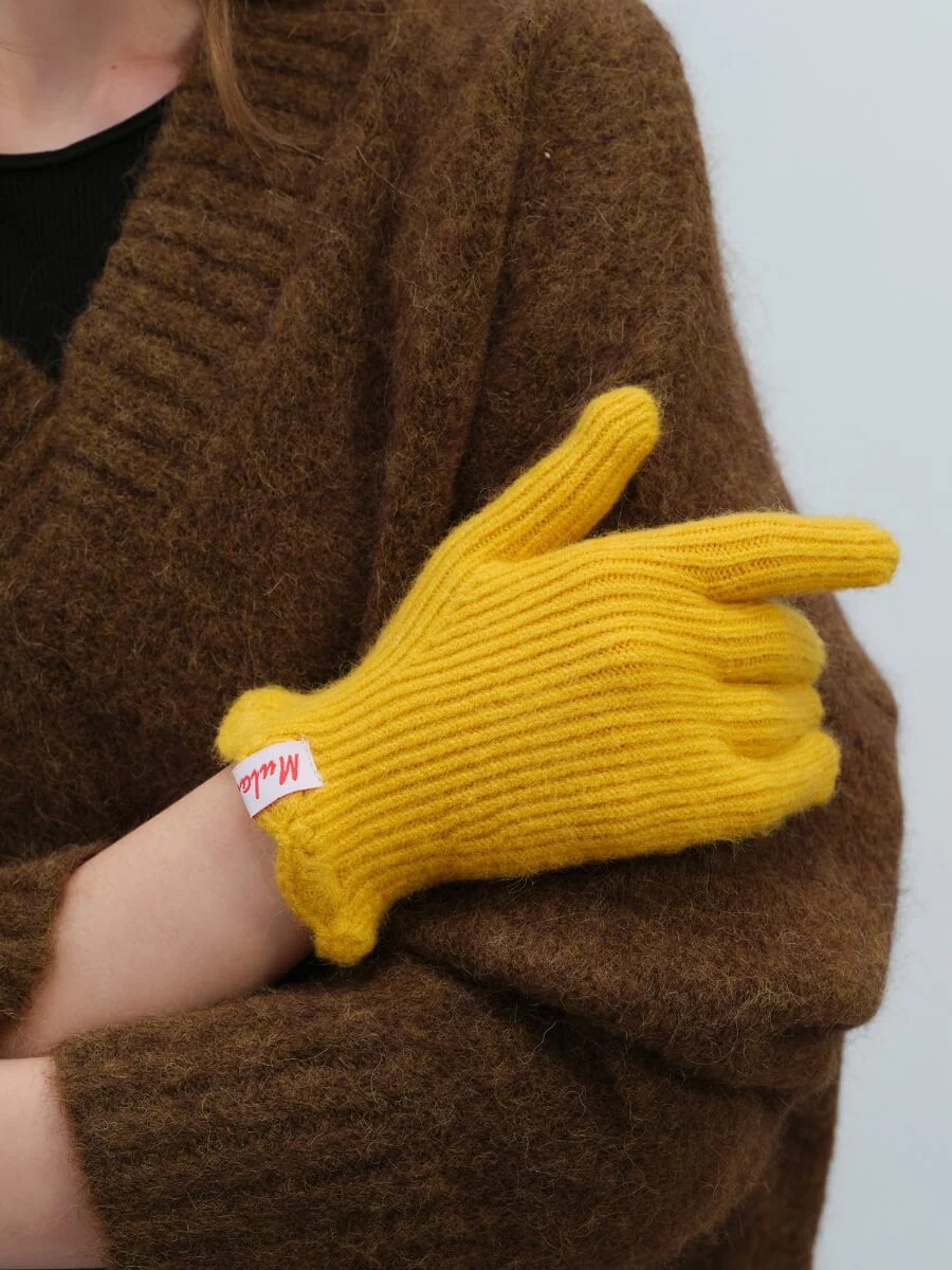 Wool Blend Ribbed Knit Glove Mittens - Yellow - Image 4