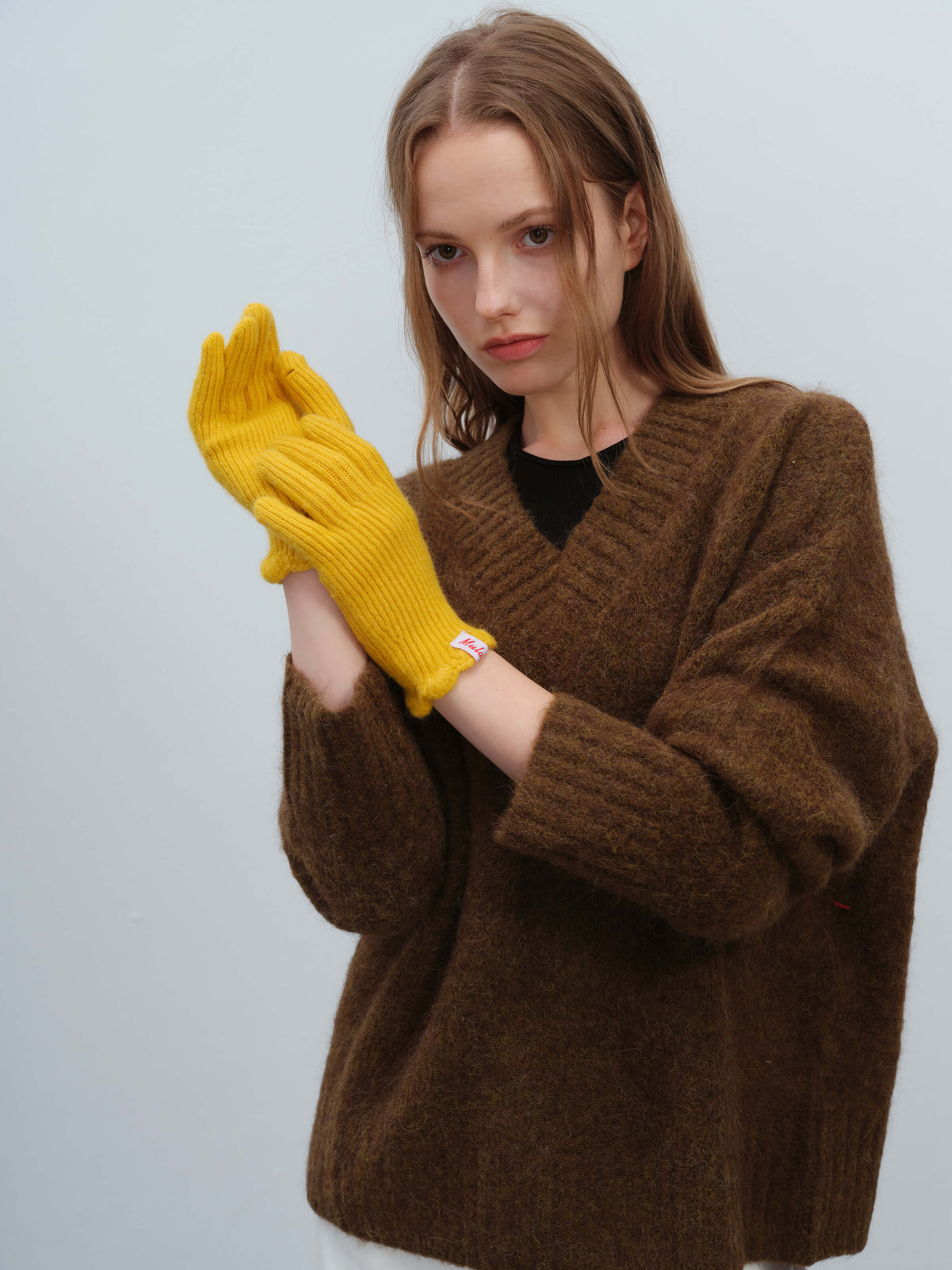 Wool Blend Ribbed Knit Glove Mittens - Yellow - Image 5