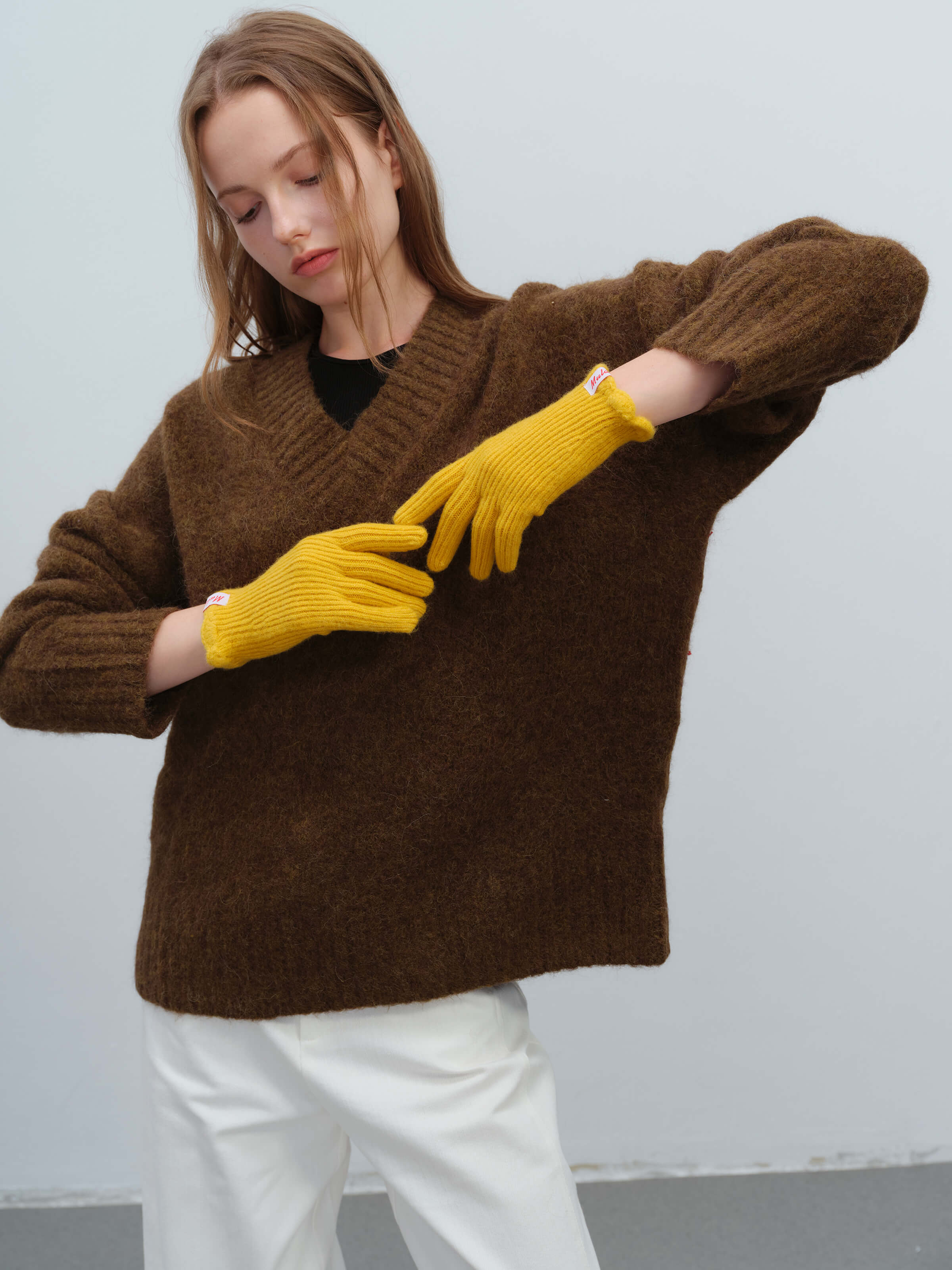 Wool Blend Ribbed Knit Glove Mittens - Yellow - Image 6