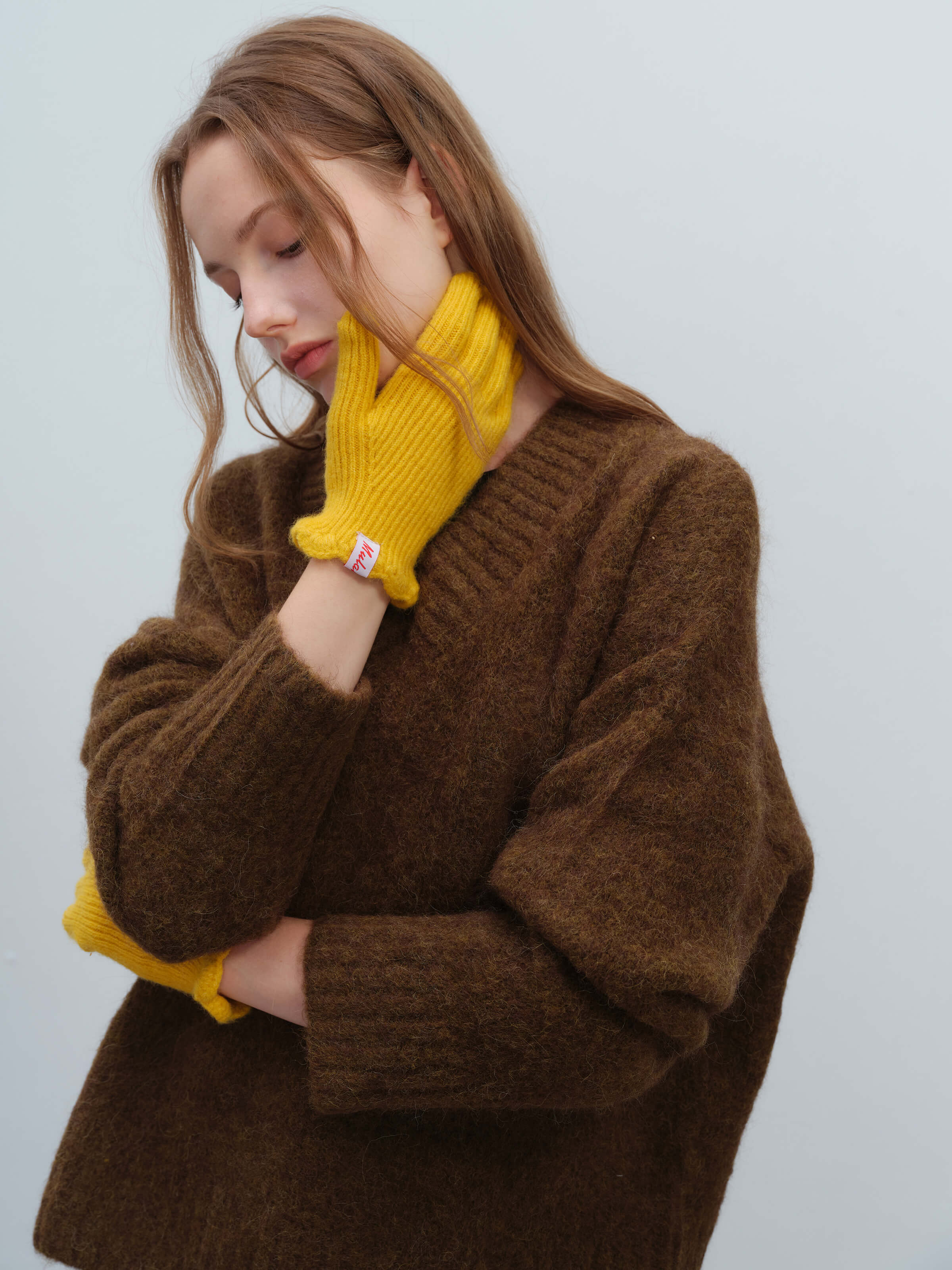 Wool Blend Ribbed Knit Glove Mittens - Yellow - Image 7