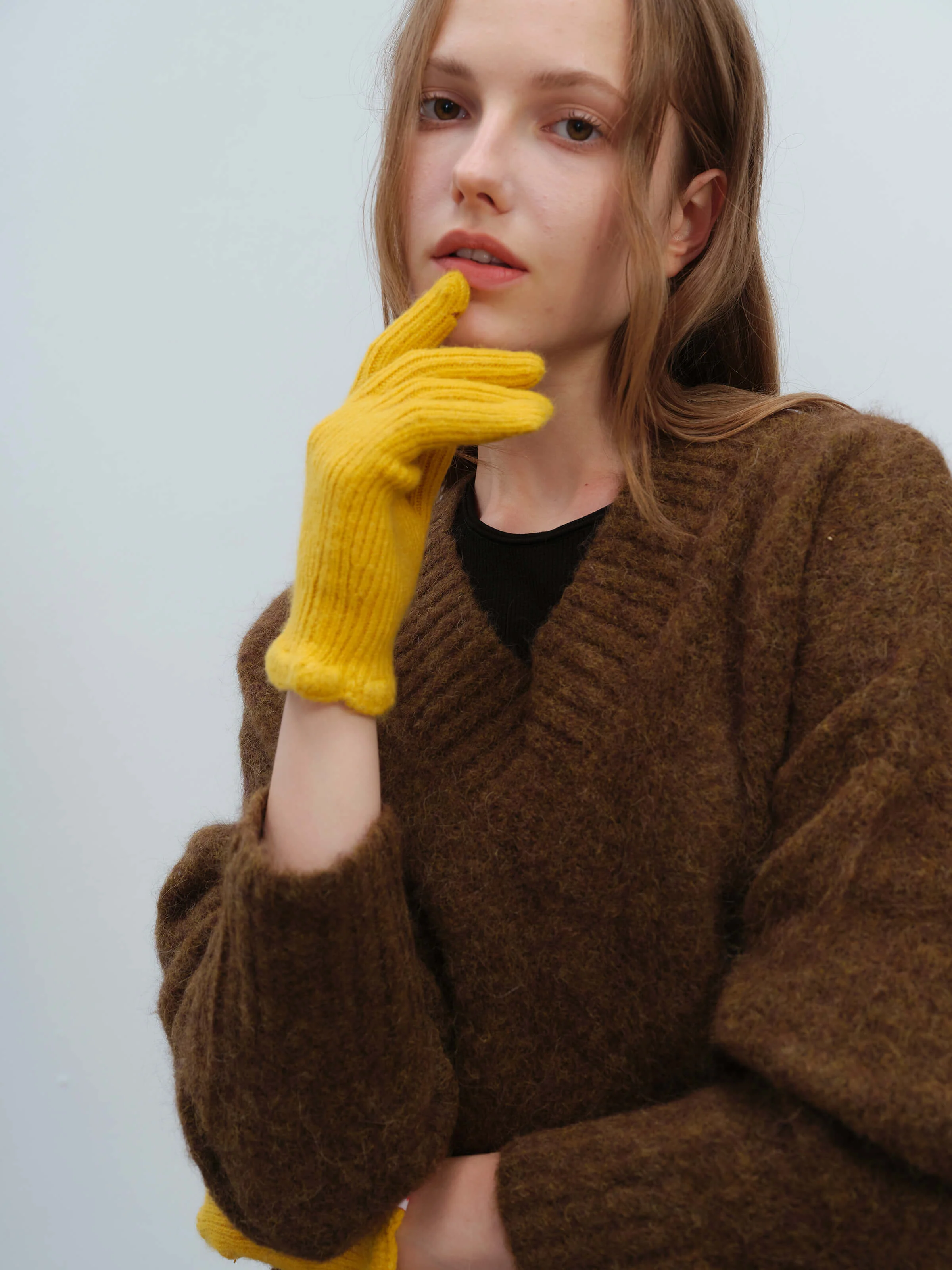 Wool Blend Ribbed Knit Glove Mittens - Yellow - Image 8