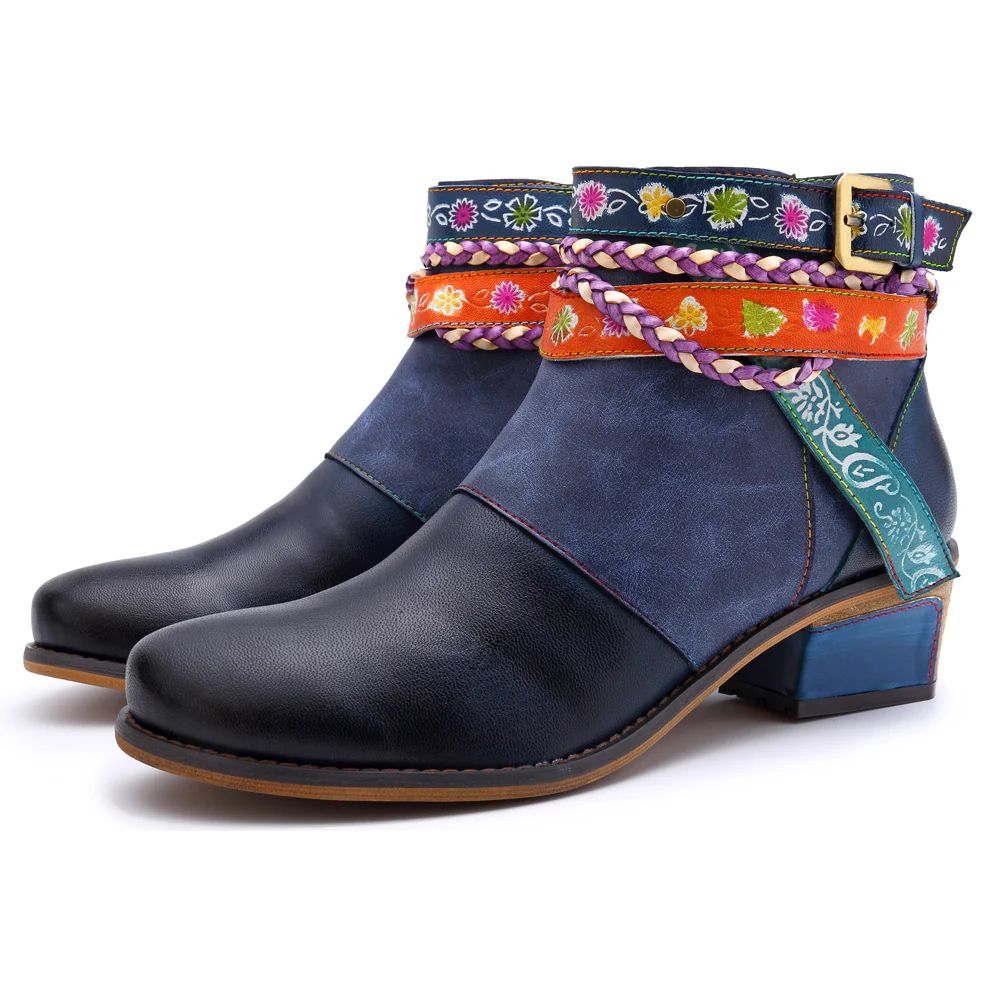 Soffia | Genuine Leather Woven Multi-Strap Flat Ankle Boots - Image 3