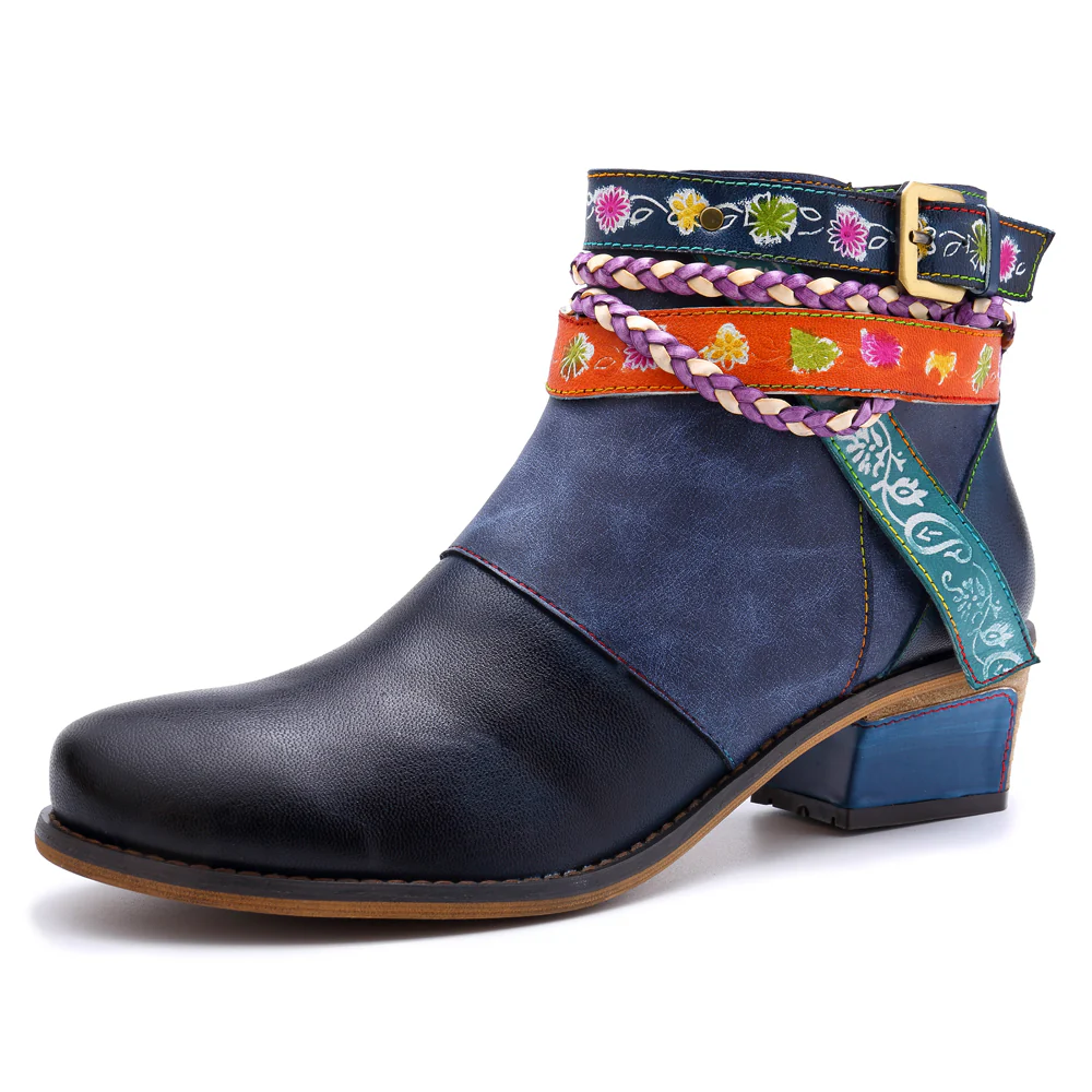 Soffia | Genuine Leather Woven Multi-Strap Flat Ankle Boots - Image 6